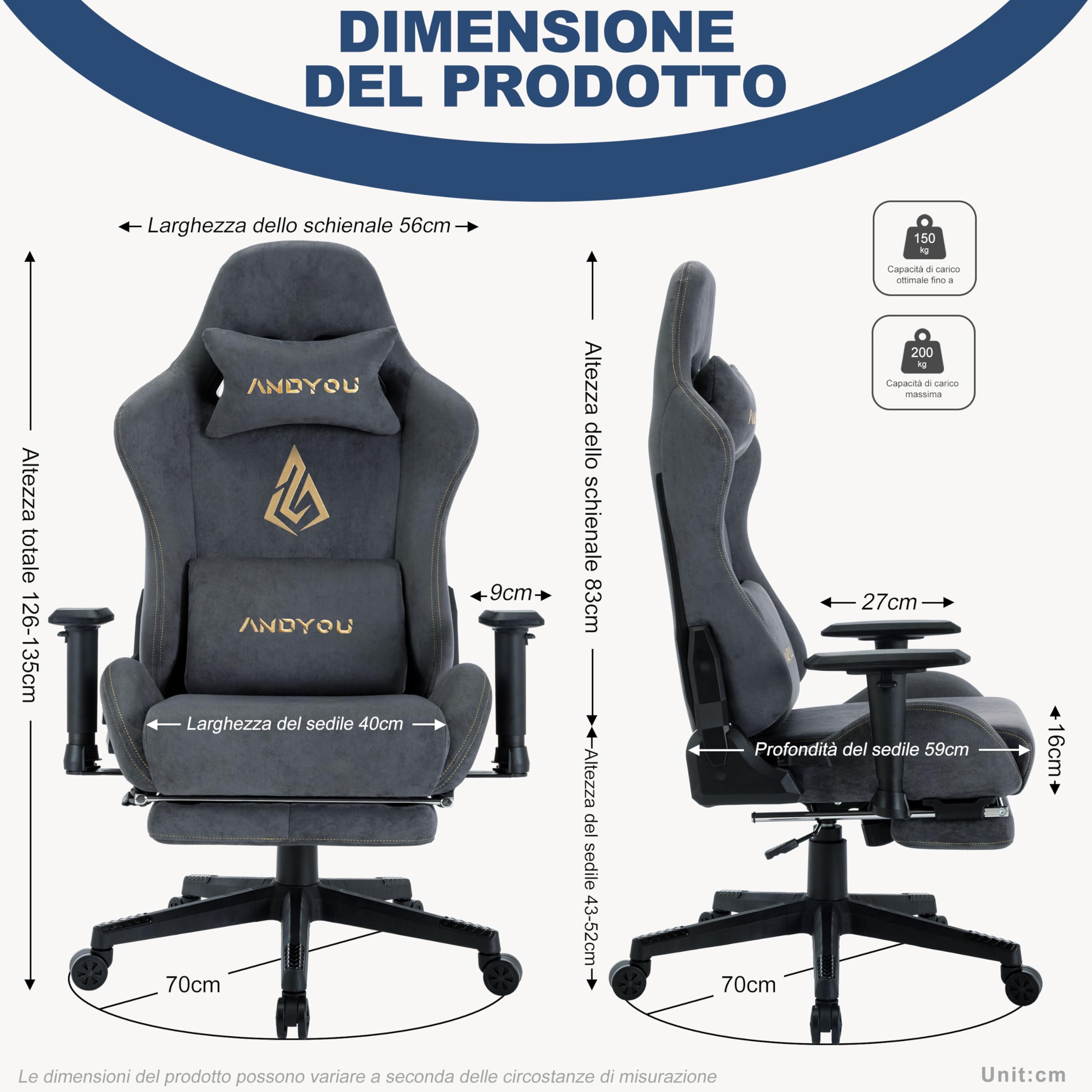 Andyou Gaming Stuhl – Ergonomischer Gaming Sessel Erwachsene, Gamingstuhl mit Fußstütze, Atmungsaktiver Stoff Bürostuhl, Höhenverstellbarer Gaming Chair