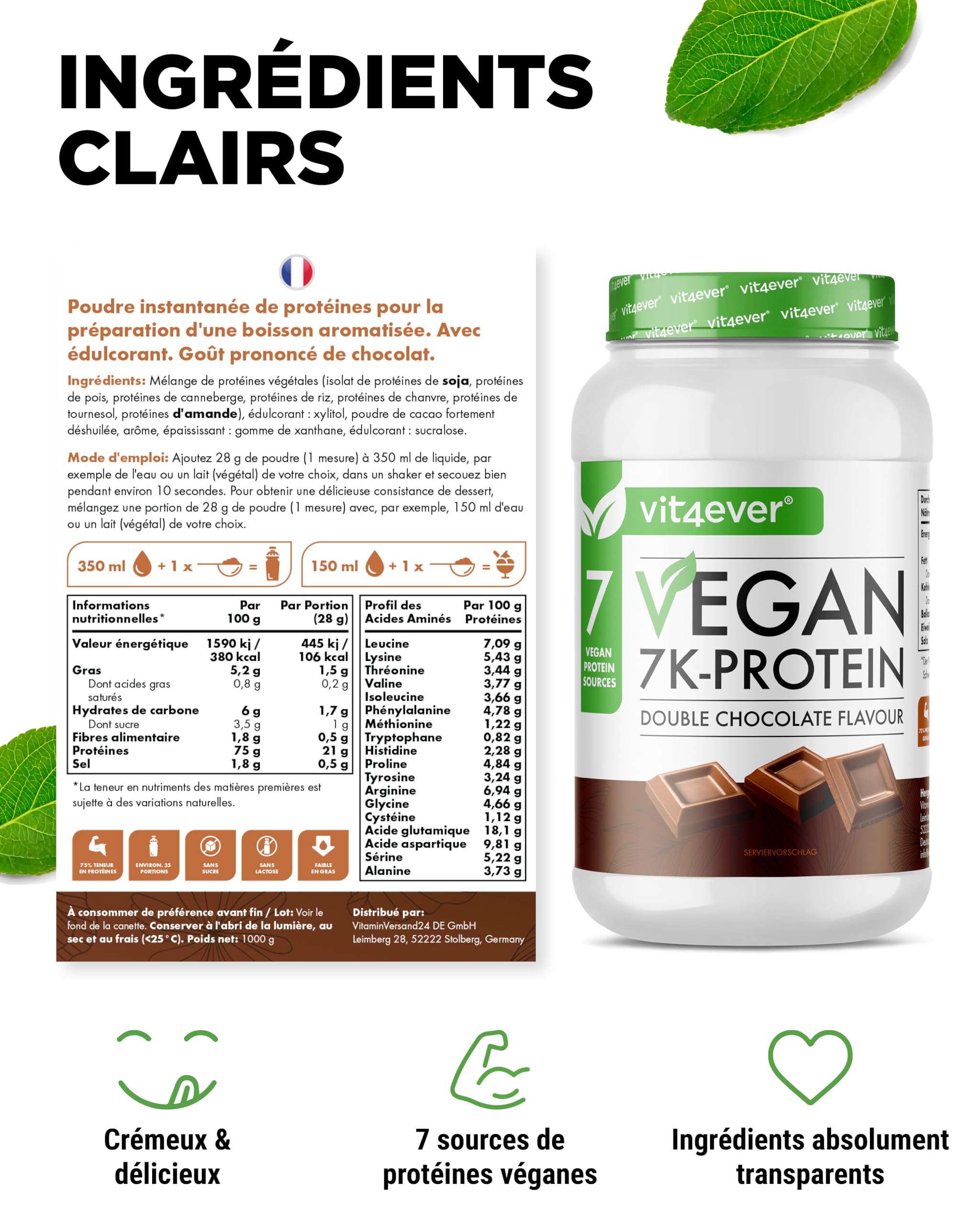 Vegan 7K Protein - 1kg -Double Chocolat - Poudre de protéine purement végétale avec des protéines de riz, d'amande, de soja, de pois, de chanvre, de canneberge et de tournesol.