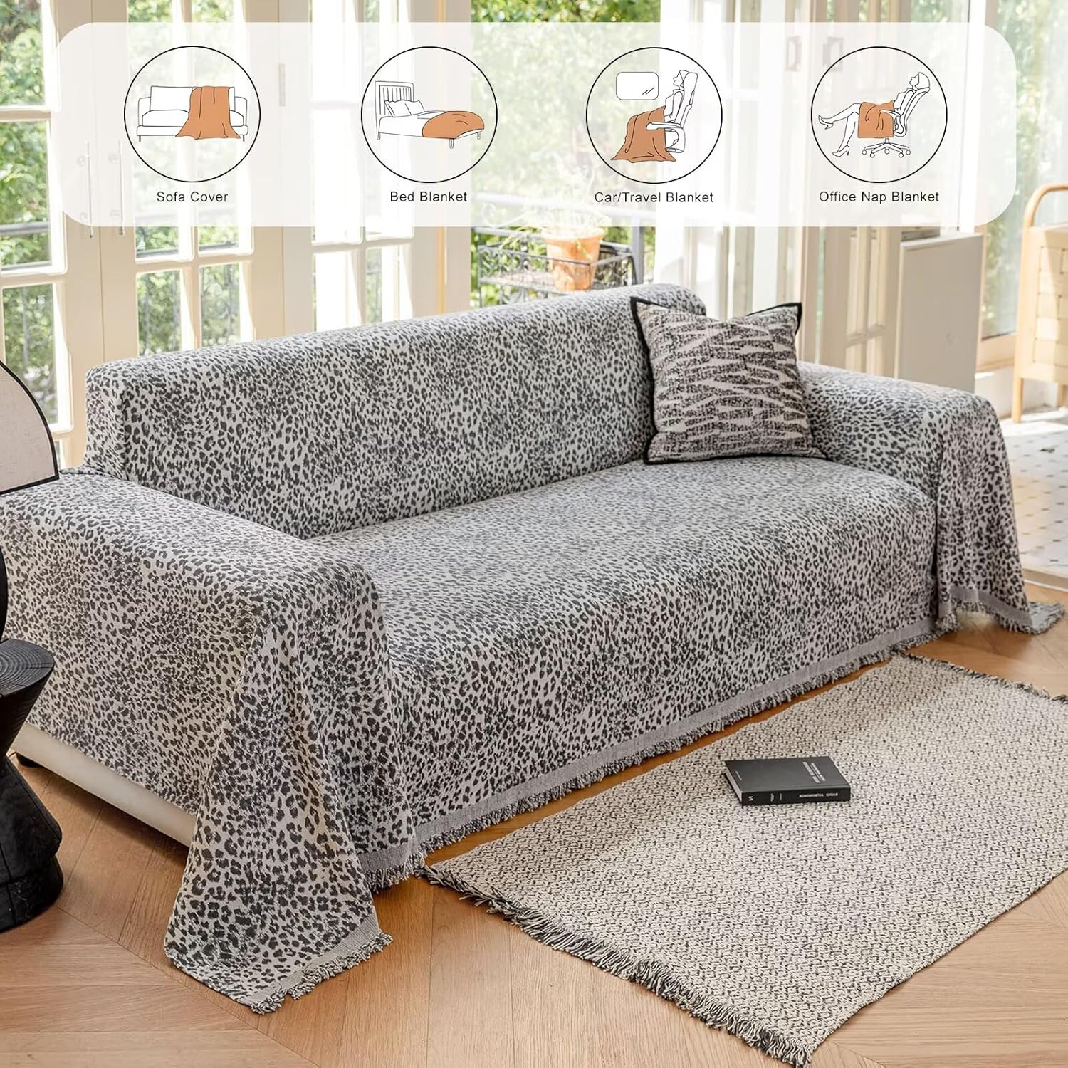 Grey Chenille Couch Cover for Sofa Protector Washable,Leopard Print Jacquard Soft Sofa Slipcover for 2 Cushion Sectional Couch,Luxury Style Cover Blanket for Living Room Pet Friendly 71"×118"