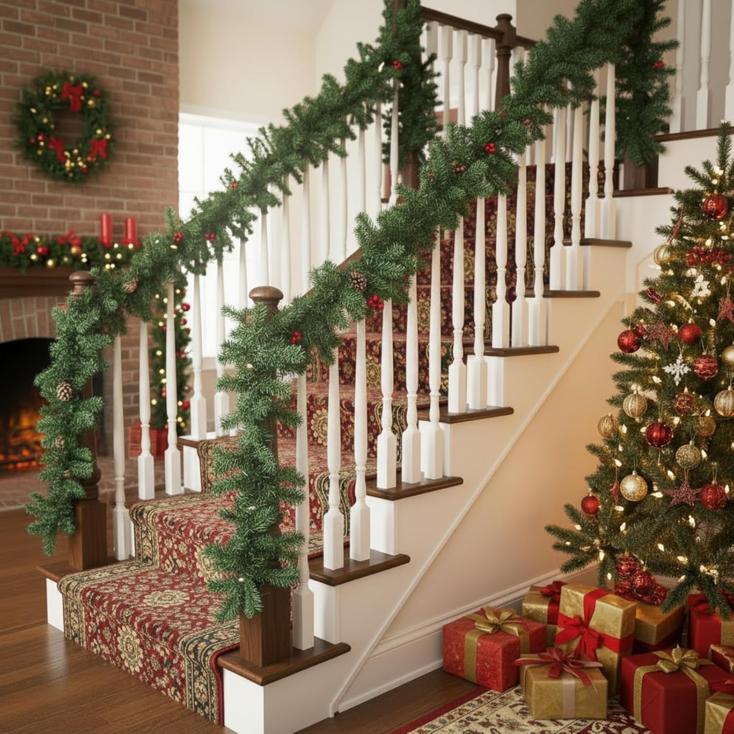 4 Pcs 9 ft Canadian Pine Christmas Garland Thick Artificial Pine Winter Garland Deluxe Faux Holiday Season Outdoor for Christmas Home Seasonal Indoor Decorations(Greenery)