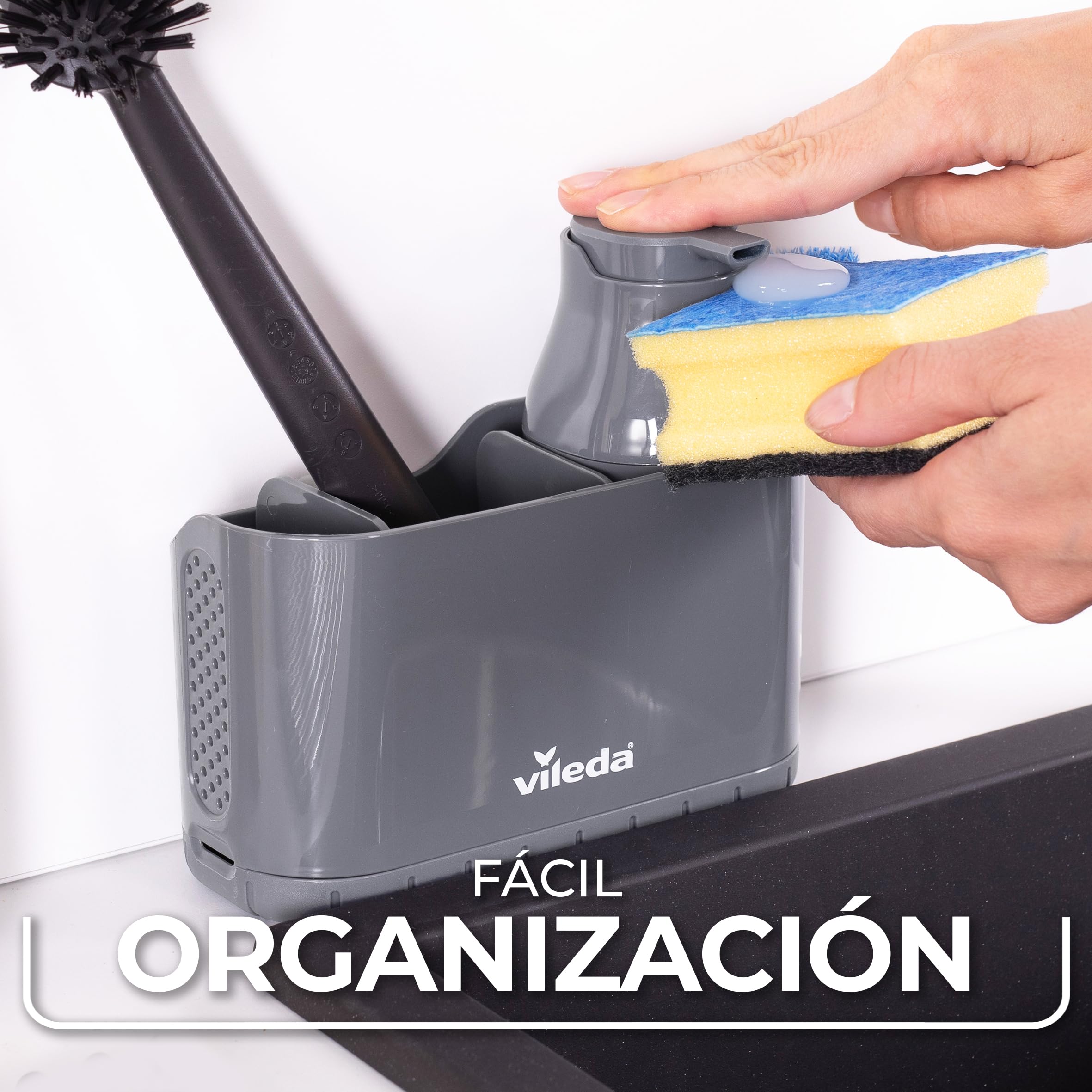 Vileda Organizador de Fregadero con Dispensador de Detergente - Soporte de pie para esponjas y cepillos con dosificador de jabón - Organizador de cocina de plástico con divisores ajustables