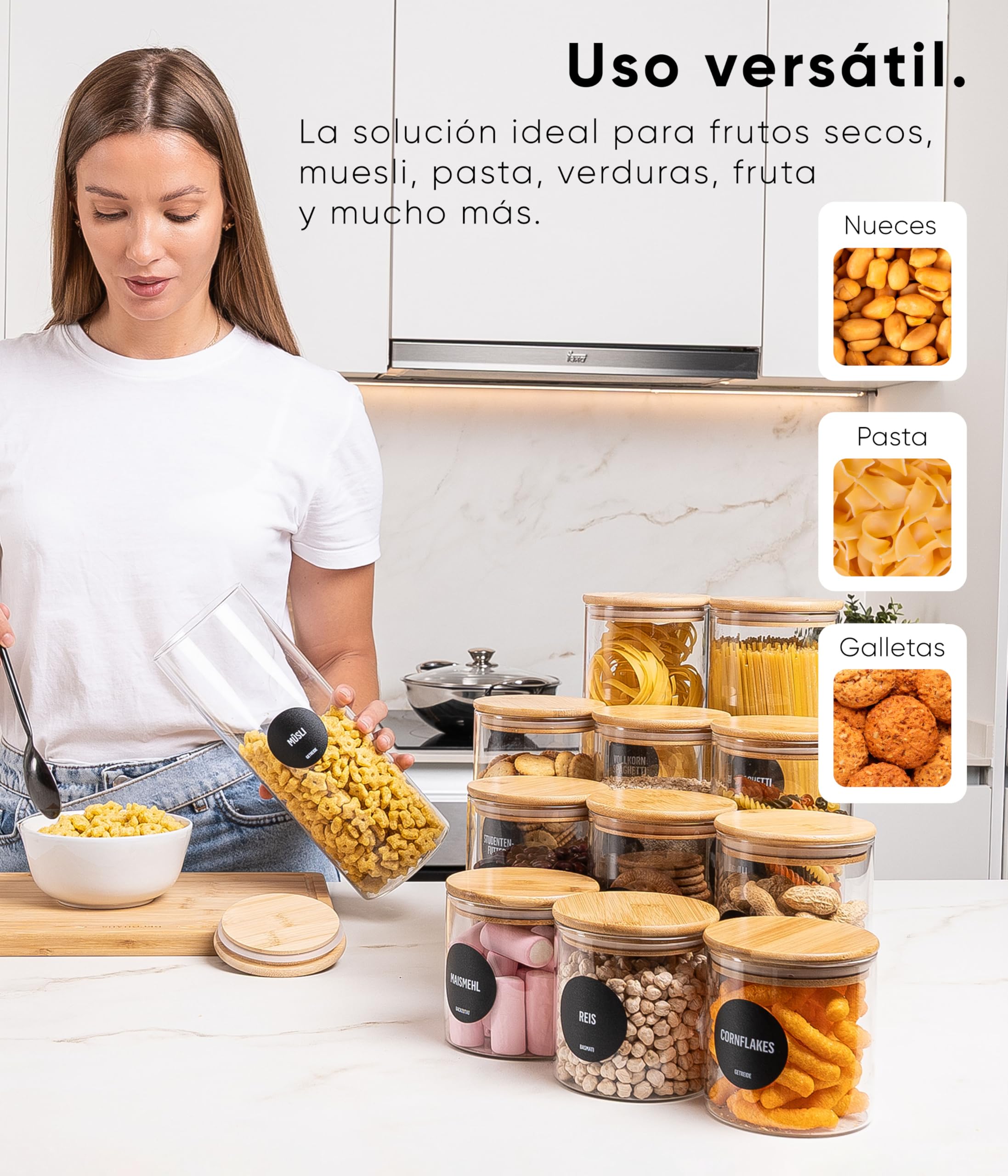 Deco haus® Tarros de Cristal con Tapa hermética, Juego de 8 [+ Etiquetas], Botes Cocina Almacenaje, Tarros Cristal con Tapa de Madera, Frascos de vidrio Apto para Harina, Café, Pasta | Tarros de cristal con tapa para cereales, cereales, harina y demás