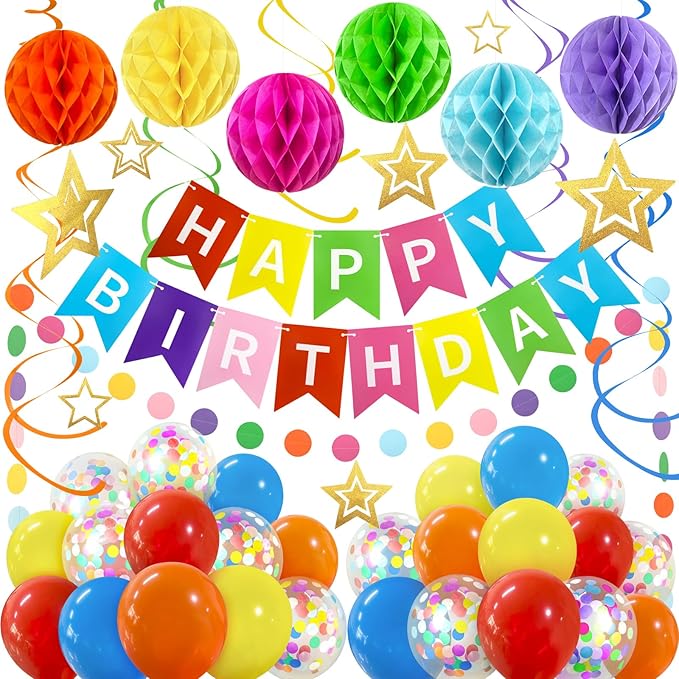 Kit Decoracion Fiesta Multicolor con Globos Cortina y Bander