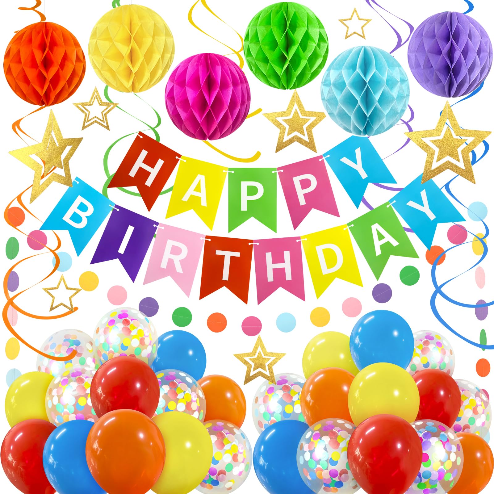 ZERODECO Birthday Decorations, Easy to Assemble Colorful Happy Birthday Banner with Honeycomb Ball, Balloon, Hanging Swirl Streamer, Garland, Happy