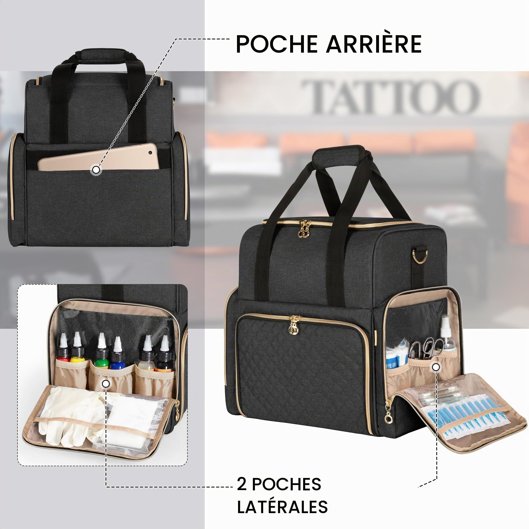 Luxja Grand Étui de Transport pour Tatouage avec 3 Pochettes Amovibles, Organisateur de Fournitures de Tatouage pour Imprimante de Pochoirs et Kit de Tatouage, Noir