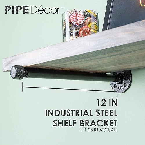 Miniatura 3 de Pipe DÉCOR - Juego de 4 soportes industriales galvanizados de acero negro para estantes colgantes, soporte montado en la pared, pre-sellado y listo