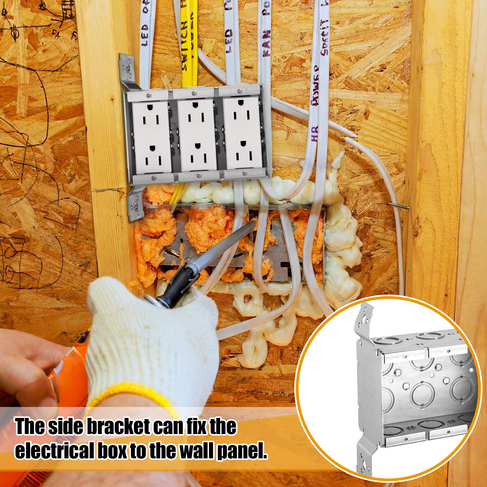 Yaocom Scatola elettrica a 3 bande in metallo da 6,3 cm, in acciaio zincato, interruttore elettrico per muratura, con staffa laterale da 1/2" per installazione multipla di cablaggi