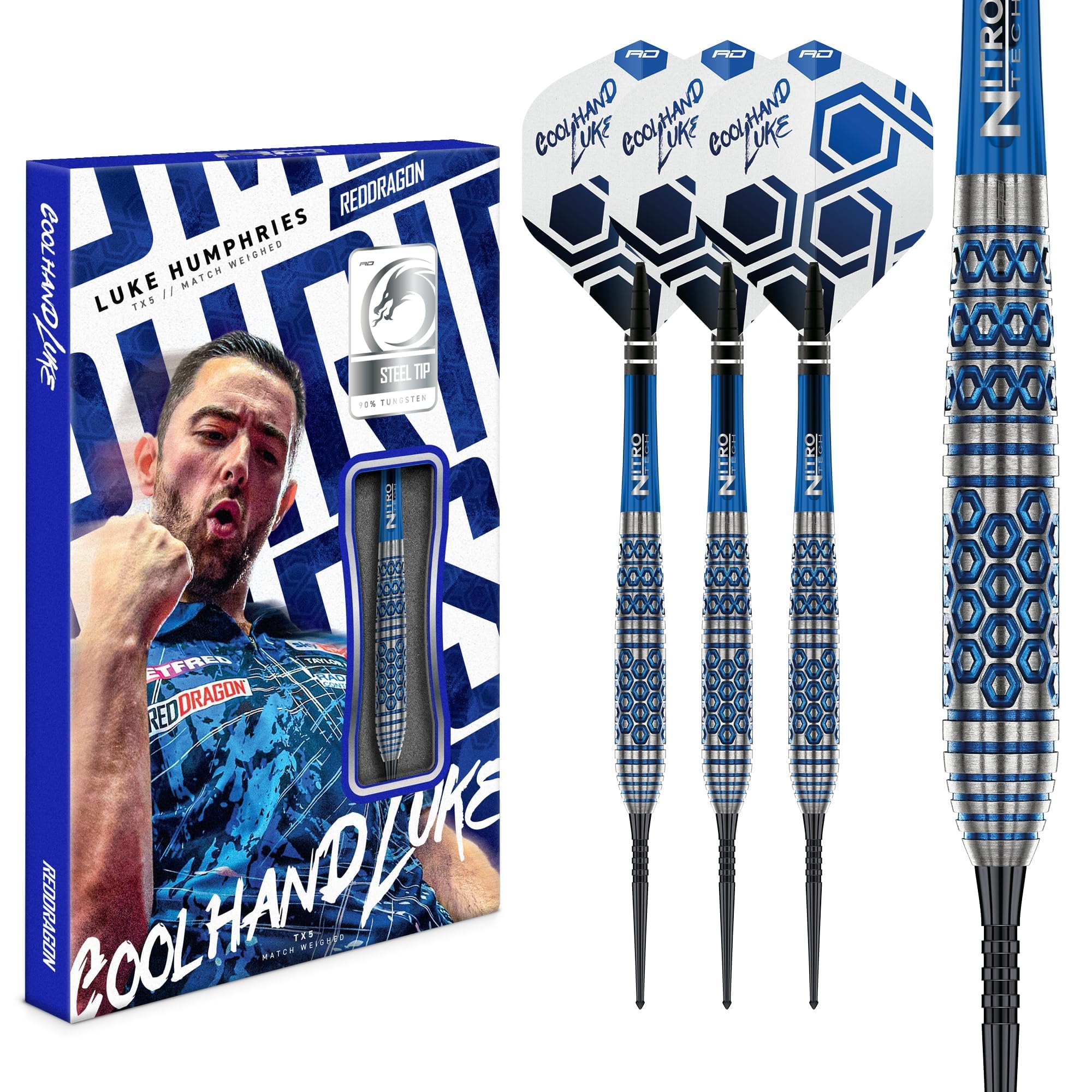 RED DRAGON Dardos – Jugador profesional Luke Humphries 'Coolhand' serie TX5 – 90% tungsteno profesional – Incluye dardos y cañas | 18 g punta suave y 23 g y 25 g dardos de acero