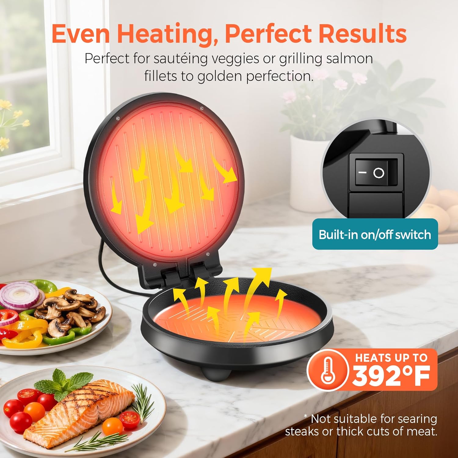 3-in-1 Electric Griddle & Panini Press - CACHOO 8" Nonstick Round Griddle and Sandwich Press with On/Off Switch, 180° Open Design, Perfect for Pancakes, Omelettes, Quesadillas, Veggies (Black)