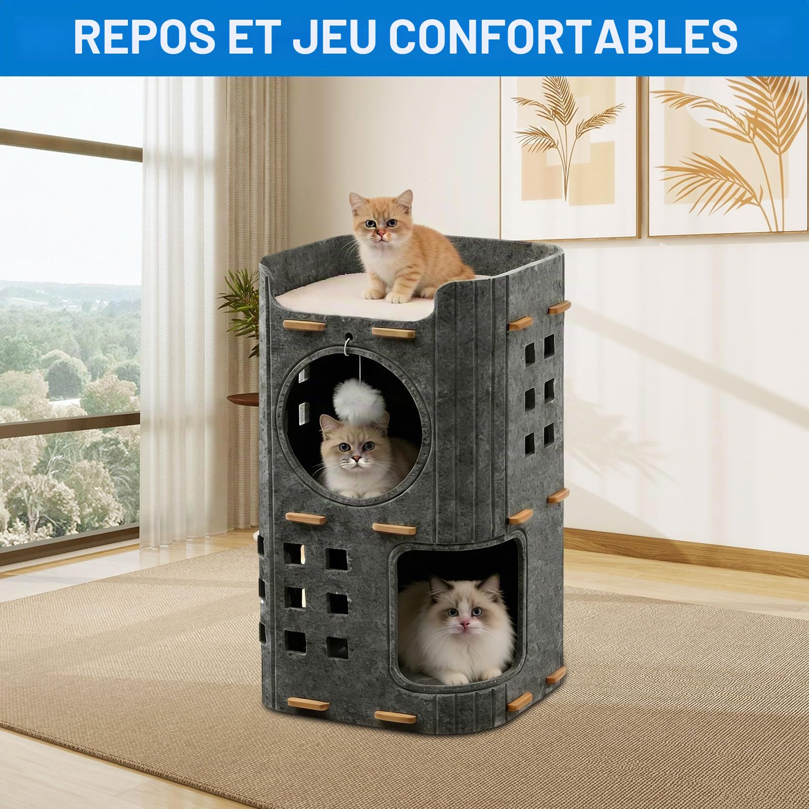 Niche pour chat en feutre, grand lit pour chat avec griffoir et balle de jeu, grotte pour l'intérieur des petits chats, protection des ongles de chat, cube d'intérieur pour chat, design chaud, gris