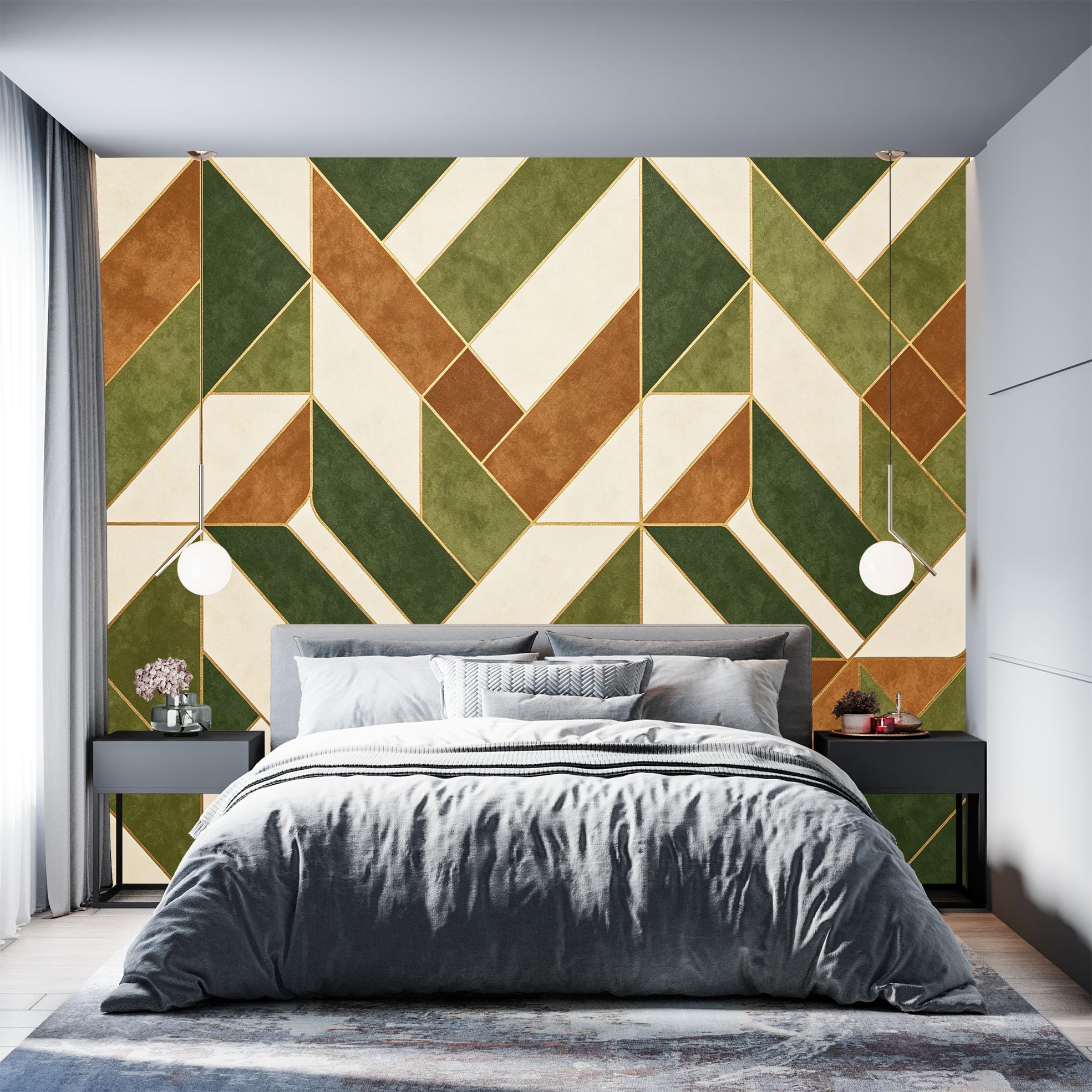 Genérico Papel Pintado Geométrico Verde Nórdico Sencillo, Autoadhesivo, De Gran Gramaje, Estilo Bohemio, Para Dormitorio, Sala De Estar Y Decoración Del Hogar. 260 Cm (Alto) X 420 Cm (Ancho).