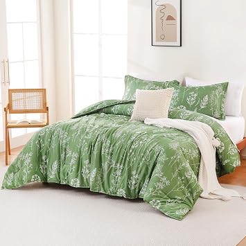 Yibeizi Queen Comforter Set with Sheets Green Floral Botanical Bed Comforter All-Season Bed in A Bag Bedding Set 7 Pieces