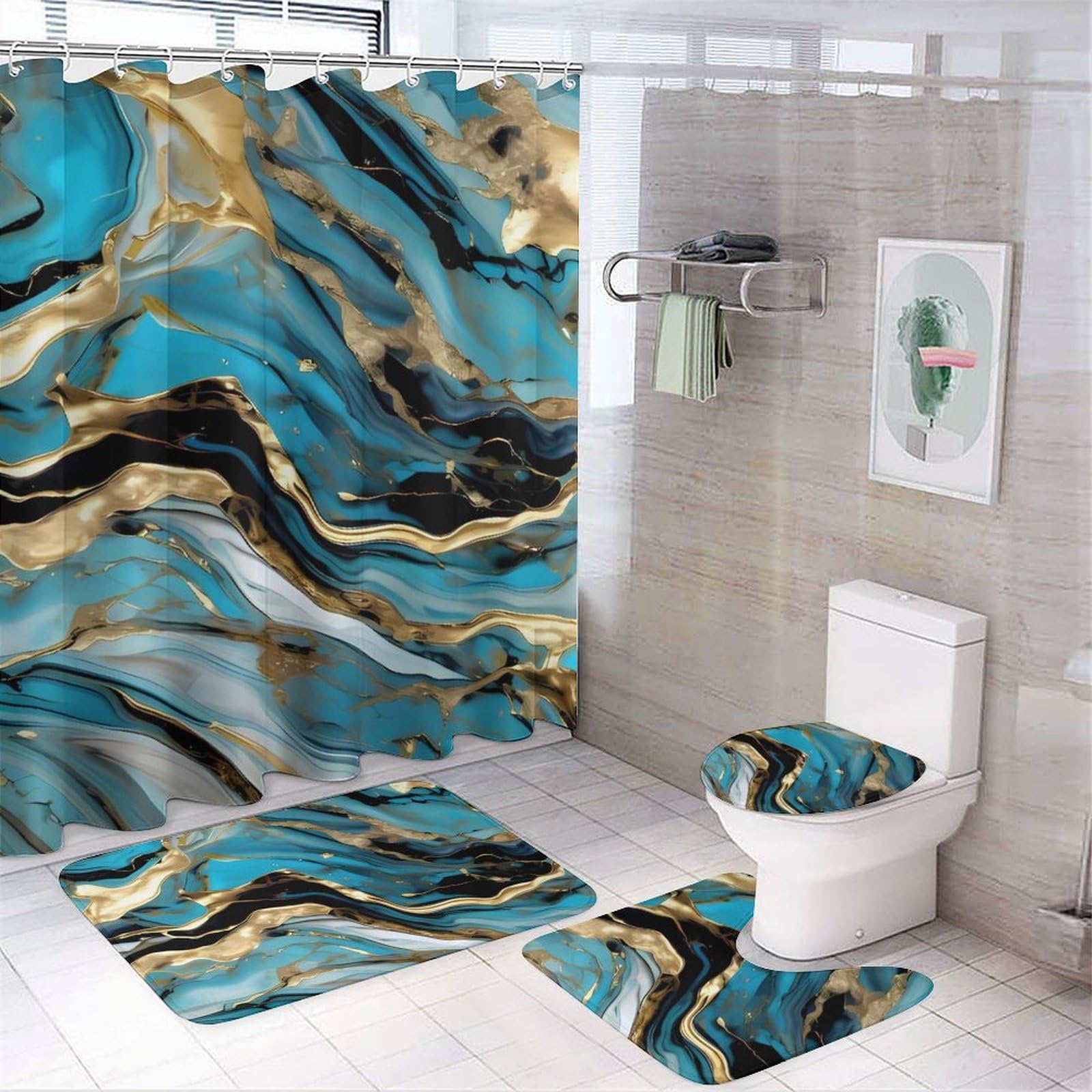 Ensemble salle de bain bleu turquoise imperméable avec tapis et housse WC