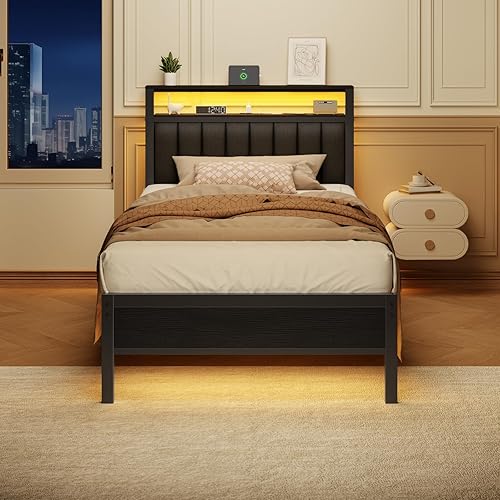 Miniatura 6 de Furnulem - Base de cama tamaño individual con estación de carga y luces LED, plataforma con listones de metal, cabecera tapizada gris con estantes