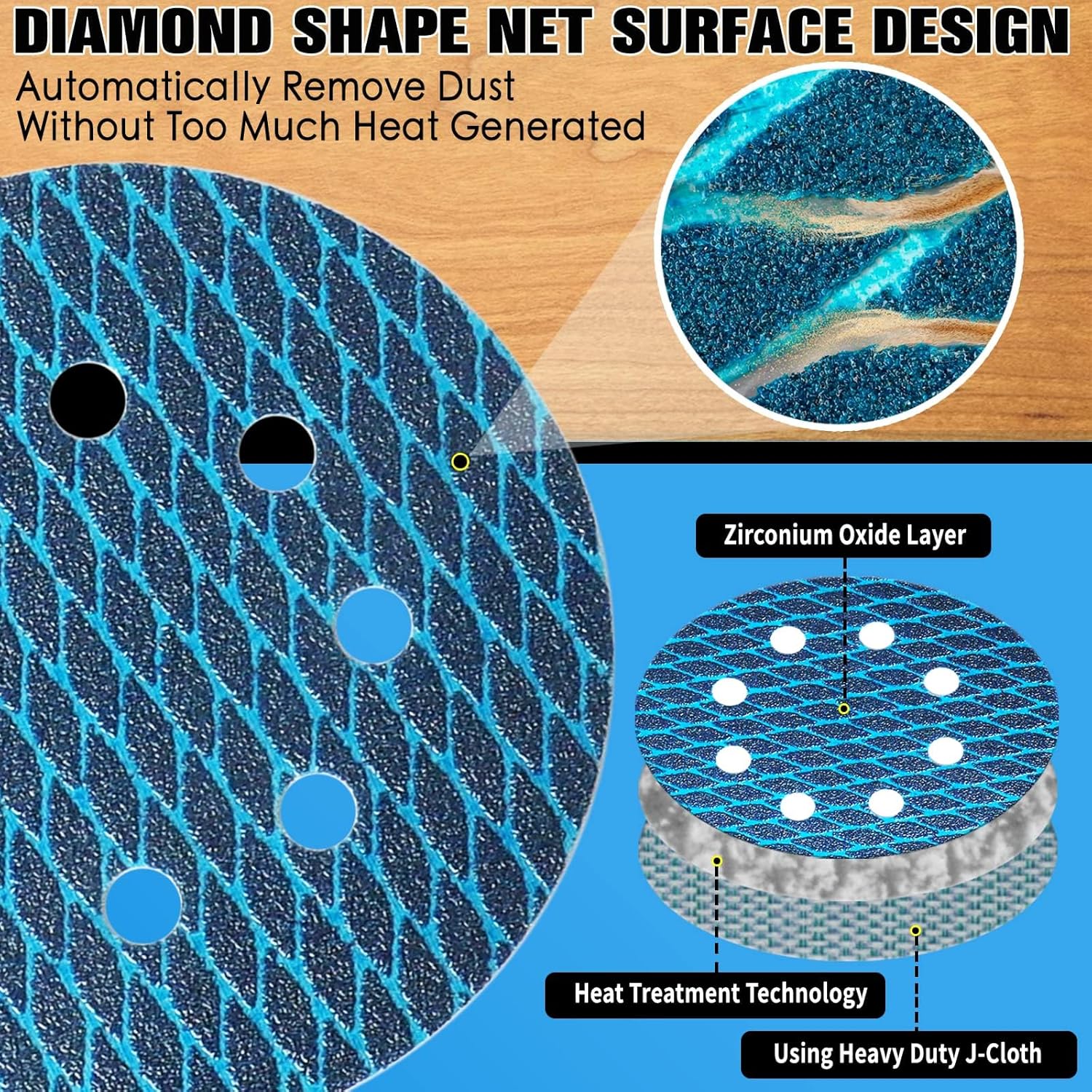 5 Inch 8 Hole Diamond Shape Sanding Discs，40 Grit, 50 Pcs Hook and Loop Sanding Discs for Orbital and Random Disc Sanders, Woodworking, Metalworking,