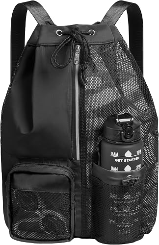 CHEPULA Swim Bag Mesh Drawstring Backpack with Wet Pocket, Waterproof Gym Bags for Beach Swimming Pool Gym Workout Men Women