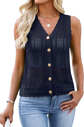 Womens Crochet V Neck Sweater Vest Hollow Out Summer Sleeveless Tops Knit Spring Cardigans Button Down Tank Top