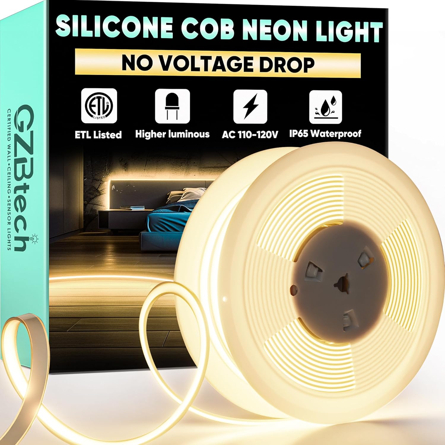 GZBtech Silicone COB Neon Rope Lights 50FT/15M, 2800K Super Bright Warm White Waterproof Neon Strip Light, AC 110-120V Flexible Soft Cuttable Tape Rope Lighting for Indoor Outdoor Home Commercial