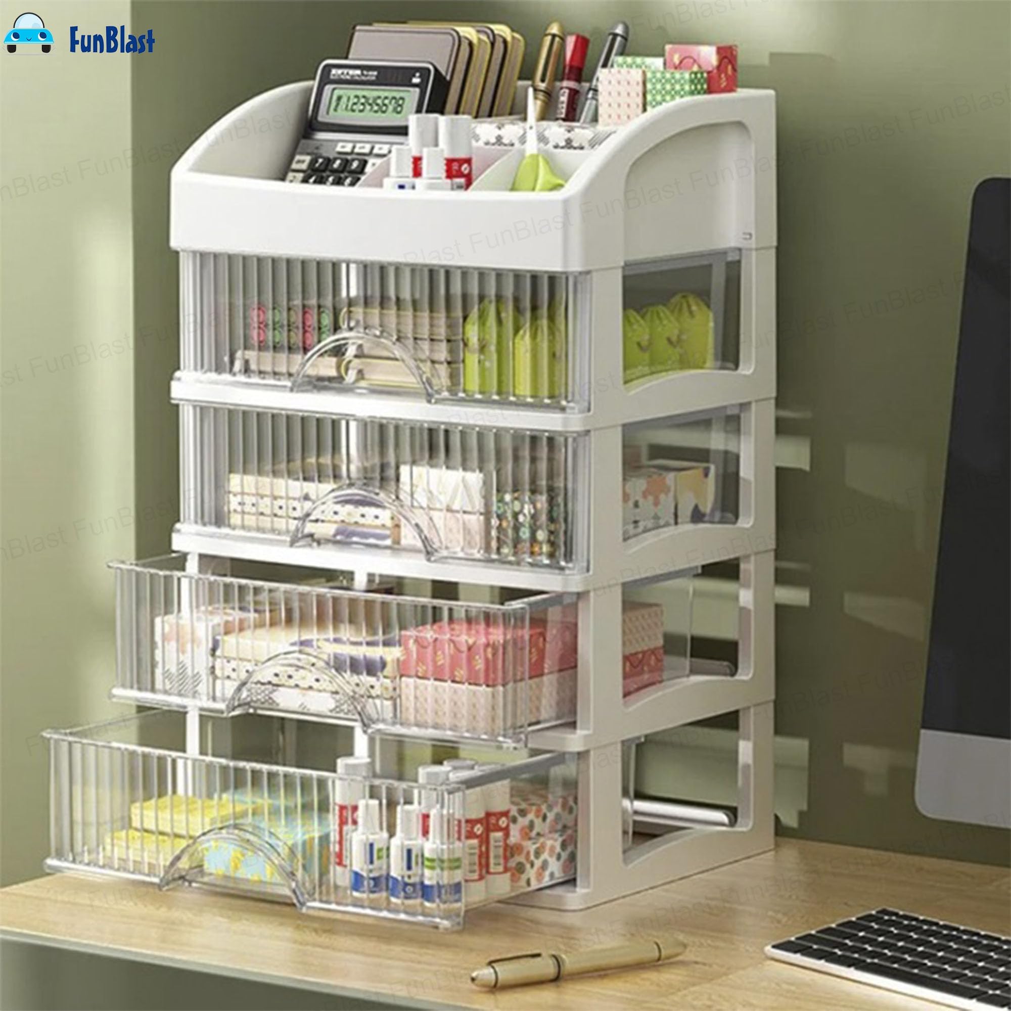 FunBlast Organizer da scrivania con cassetto, supporto per cancelleria, portapenne e matite, portapenne, organizer da scrivania multifunzionale, organizer da scrivania a 4 scomparti (bianco)