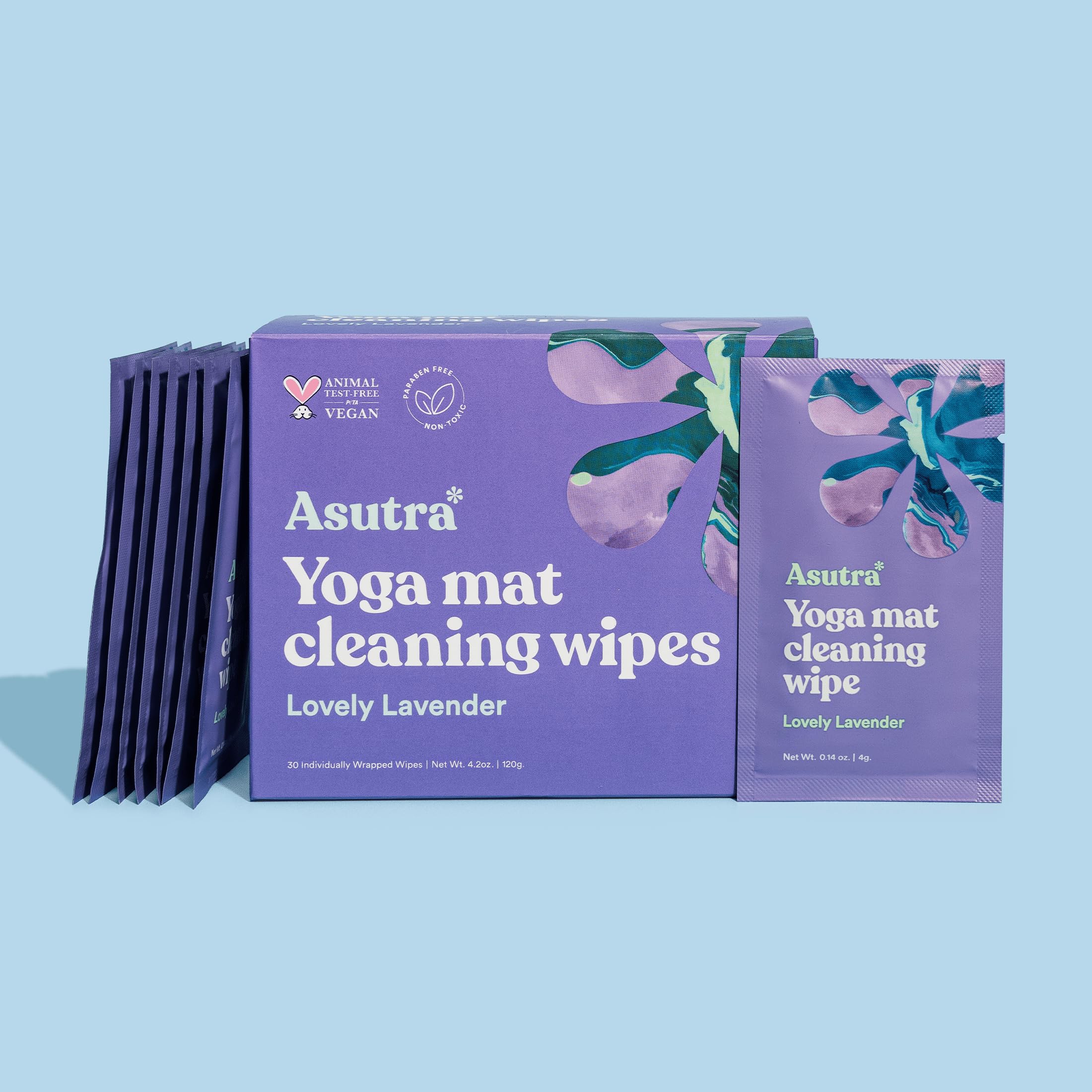 ASUTRA Toallitas de limpieza para esterilla de yoga (lavanda encantadora), toallitas envueltas individualmente, 2 cajas (30 cada una), sin residuos resbaladizos, limpieza profunda para equipo de