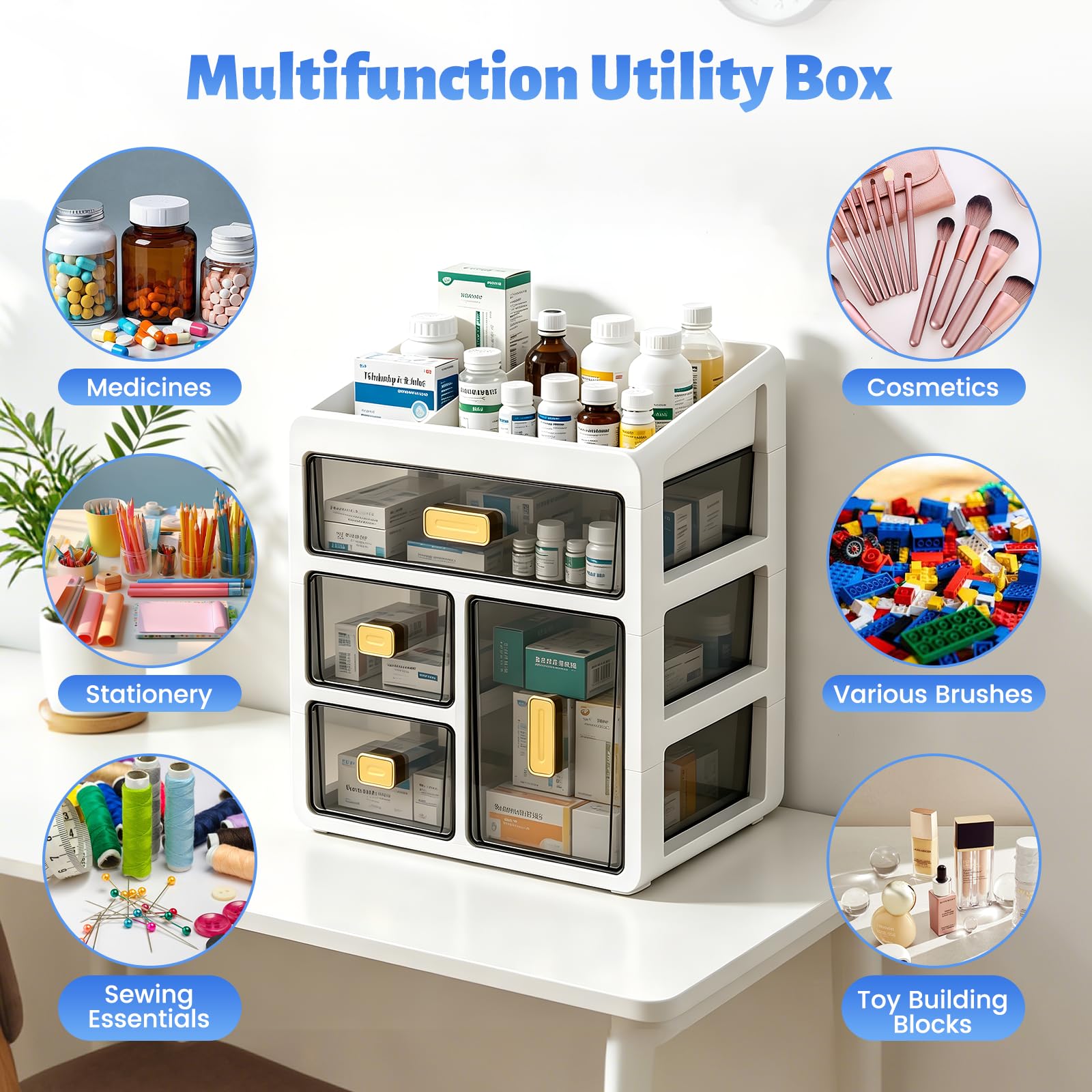 Boîte de Rangement à Quatre Tiroirs,Armoire Pharmacie en Plastique Blanc,Organiseur de Médicaments avec Tiroirs Transparents,Grand Rangement pour Medicaments et Petits Cosmétiques,pour Maison Bureau