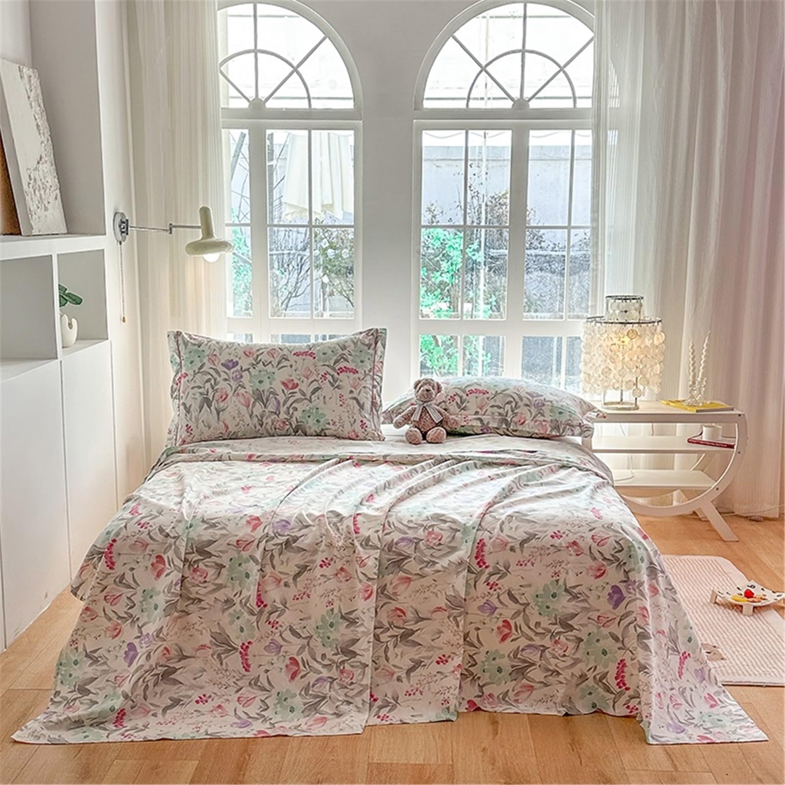 Bettlaken Betttuch Haustuch Laken aus 100% Baumwolle mit Blumenmuster ohne Gummizug Atmungsaktives und Weiches(Flower A,245x270cm Rounded)