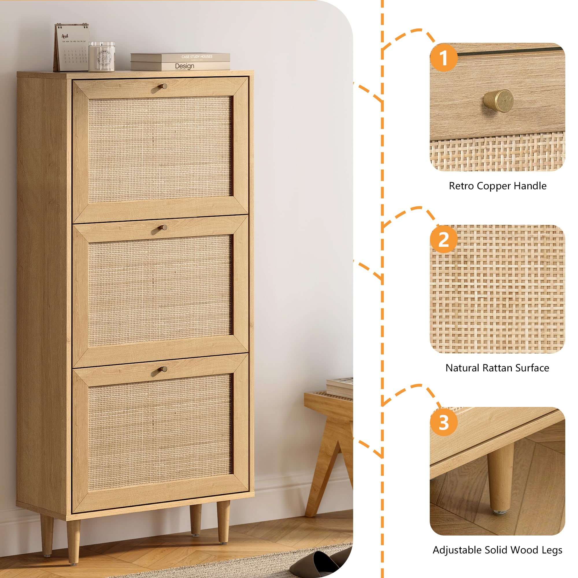 HOOLETE Narrow Shoe Cabinet with 6 Flip Drawers Hidden Freestanding Shoe Rack with Natural Rattan Doors Wooden Shoe Storage Cabinet with Solid Wood Legs for Entryway Apartment