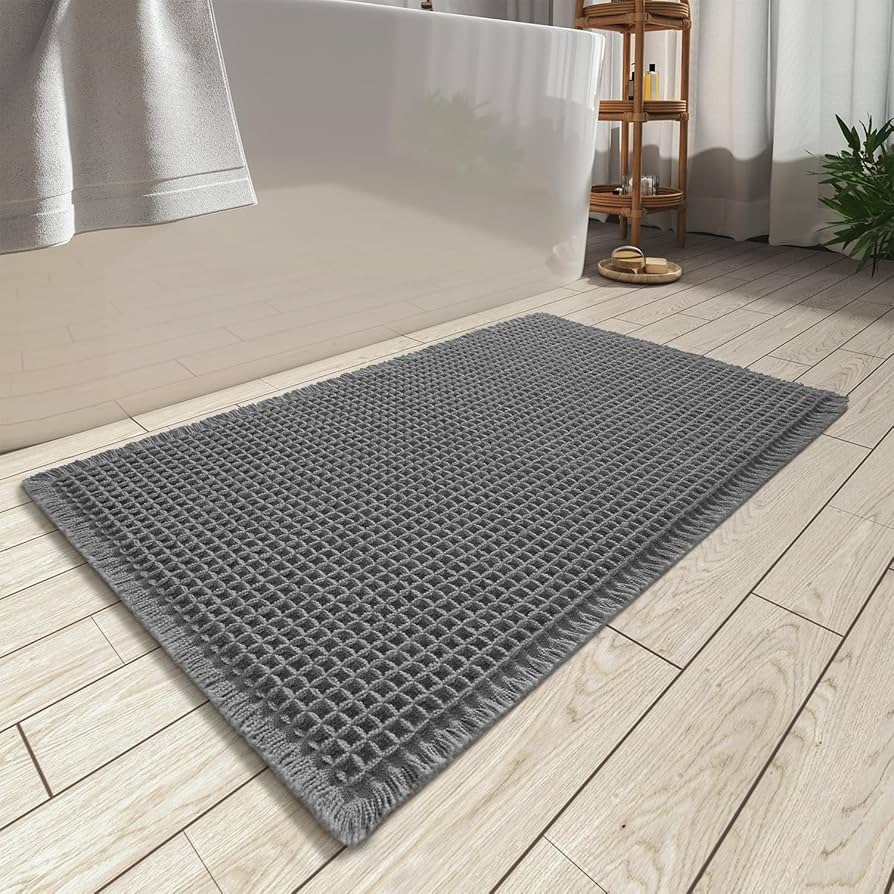 AMOAMI Upgraded Waffle Bath Mat, Super Absorbent Non Slip Bath Mats for Bathroom Floor, Machine Washable Bathroom Rugs with Tassels, Rubber Backed Bathroom Mats, Ultra Soft, 17" x 24", Dark Grey
