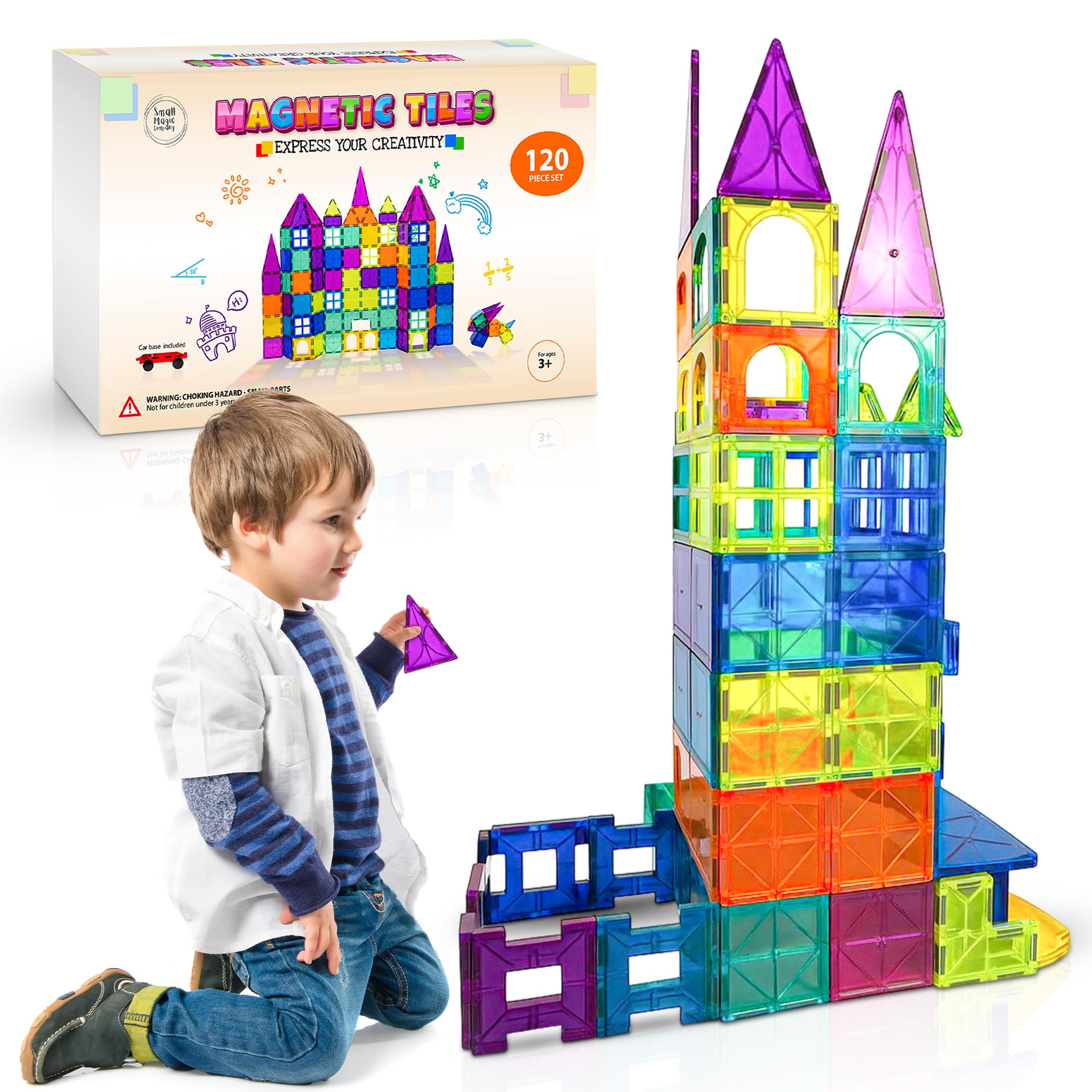 Small Magic Company 120Pcs Set Magnetic Tiles for Kids Construction Toys - STEM Kids Games for 3 4 5 6 7 Year Old Boys, Girls - Perfecr Gift - Strong Magnets