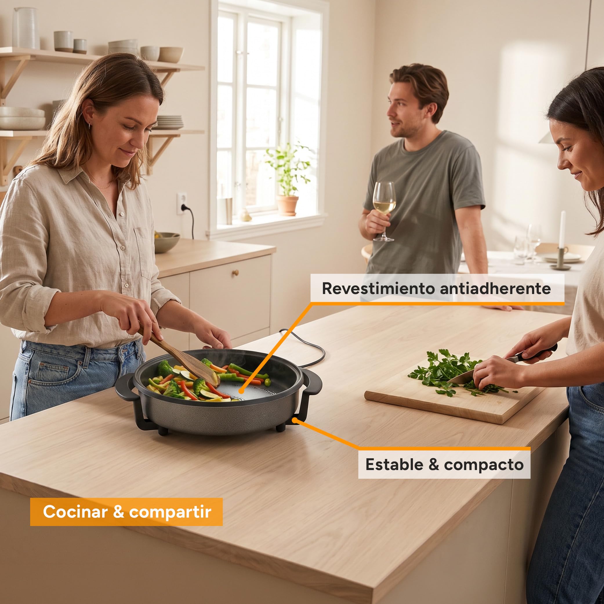 TZS First Austria - Paellera Eléctrica 1,8L - 1500W - 5 Niveles de Temperatura - Termostato, Tapa de Cristal y Antiadherente - Ø30cm Sartén Eléctrica Multifunción hasta 240°C - Gris