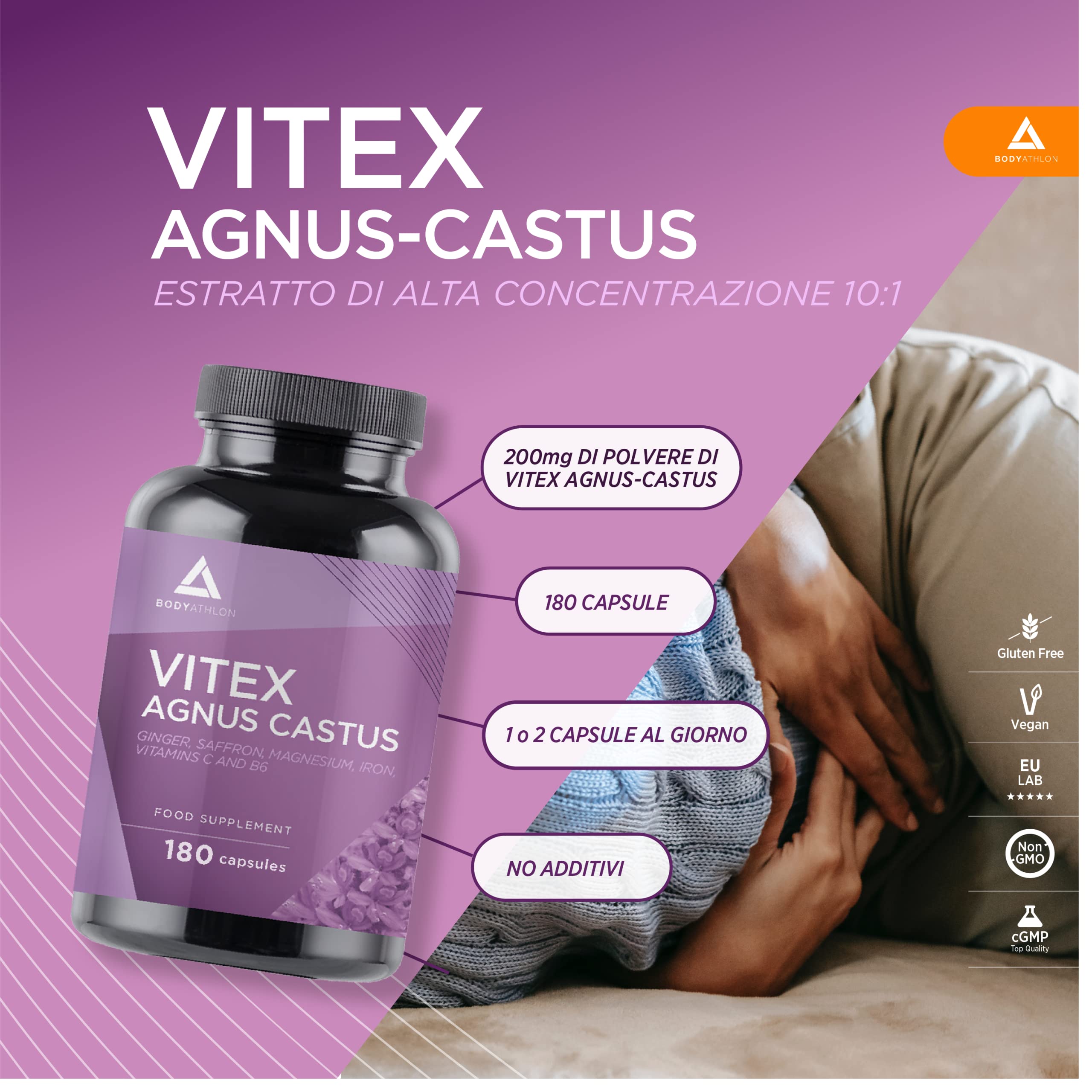 Agnocasto 20mg 180 Capsule- Estratto 10:1- Vitex Agnus Castus- Complex con 7 ingredienti- Integratore Ciclo Mestruale, Squilibrio Ormonale, Sindrome Premestrual- Female balance- Bodyathlon
