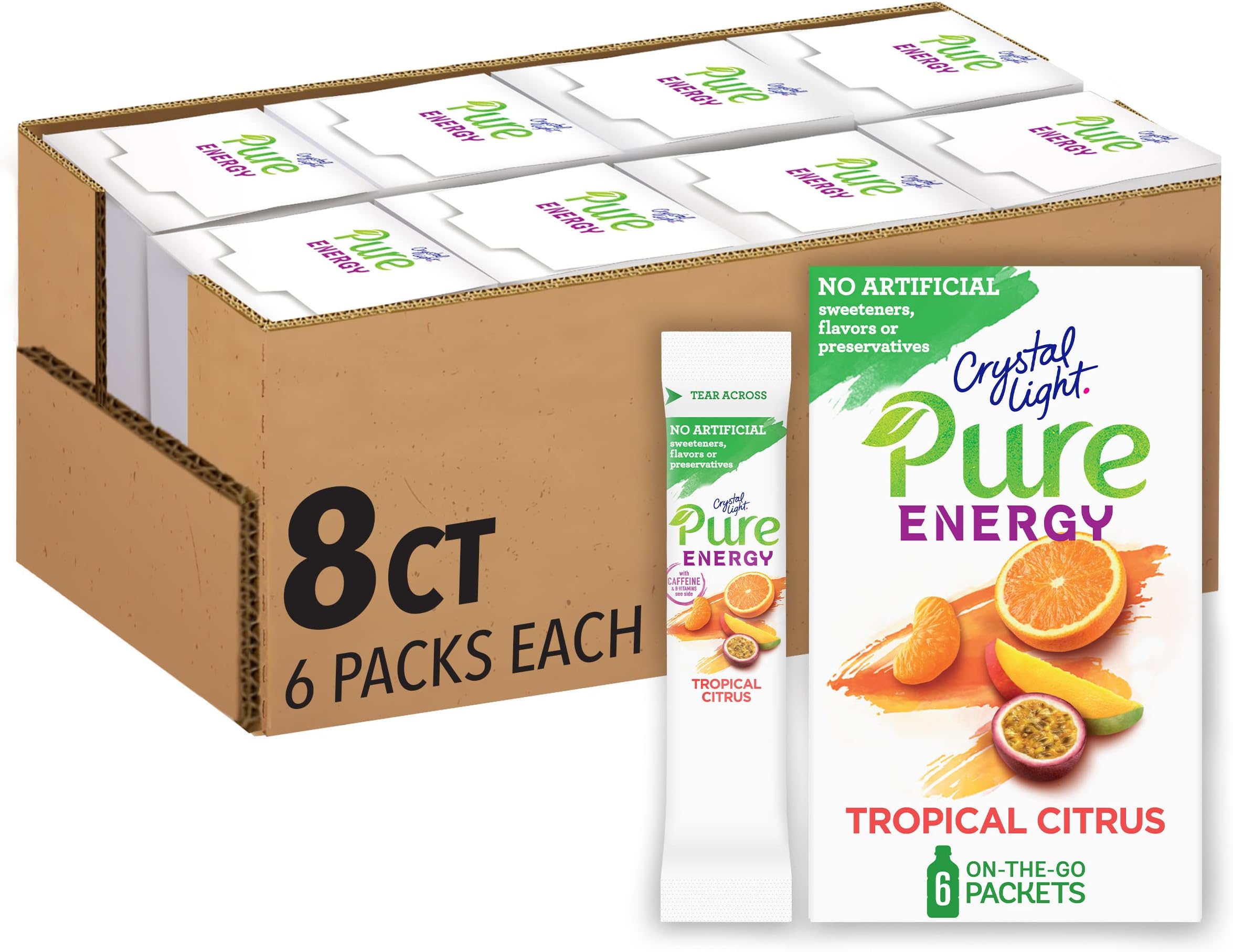 Crystal Light Pure Energy Tropical Citrus Naturally Flavored Powdered Drink Mix with Caffeine & No Artificial Sweeteners, 48 ct Pack, 8 Boxes of 6 On-the-Go Packets