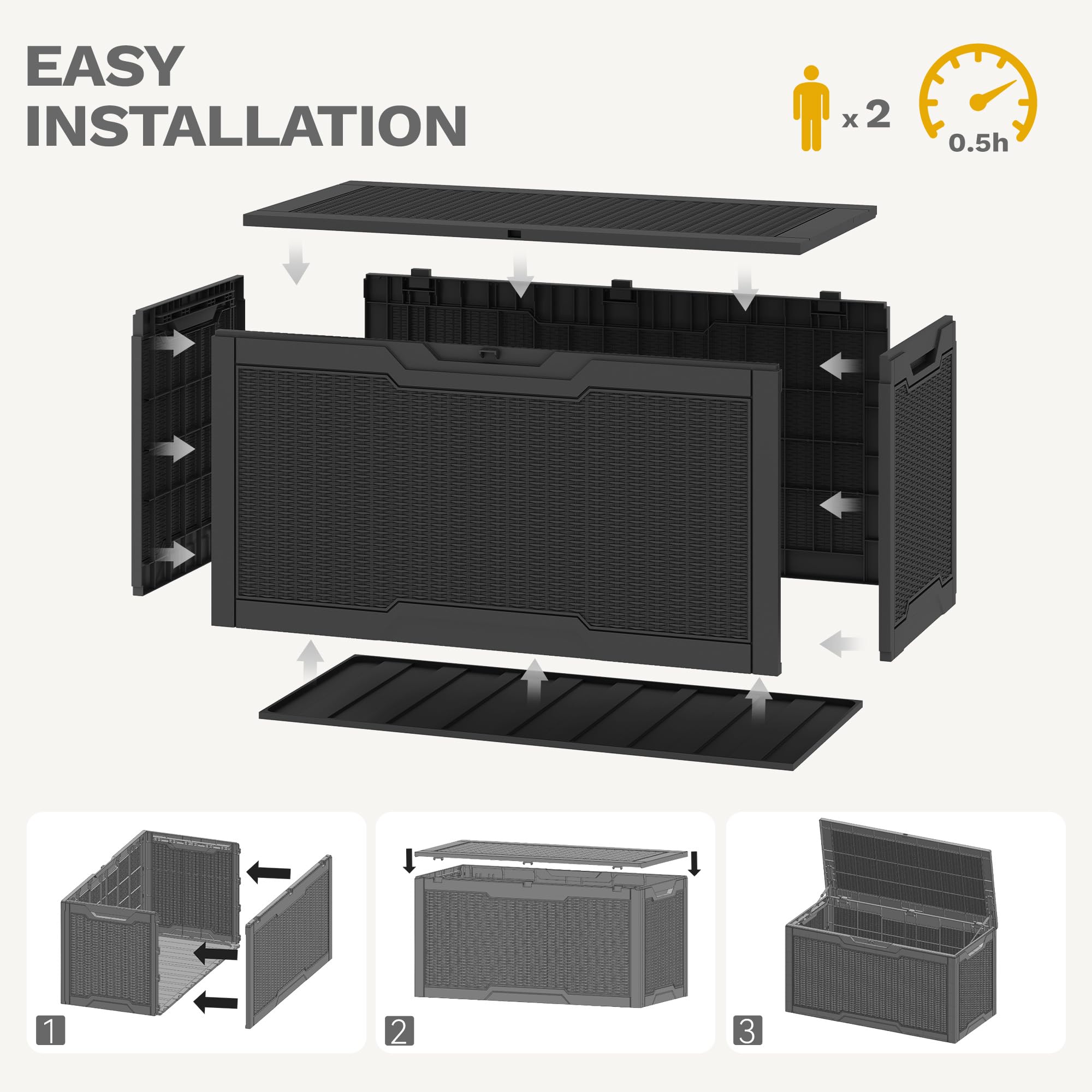 DWVO Scatola portaoggetti da giardino per esterni, 380 l, 115,4 x 55 x 58,3 cm, effetto rattan, contenitore in resina per cuscini, accessori da piscina, scarpe, impermeabile, bloccabile in modo sicuro