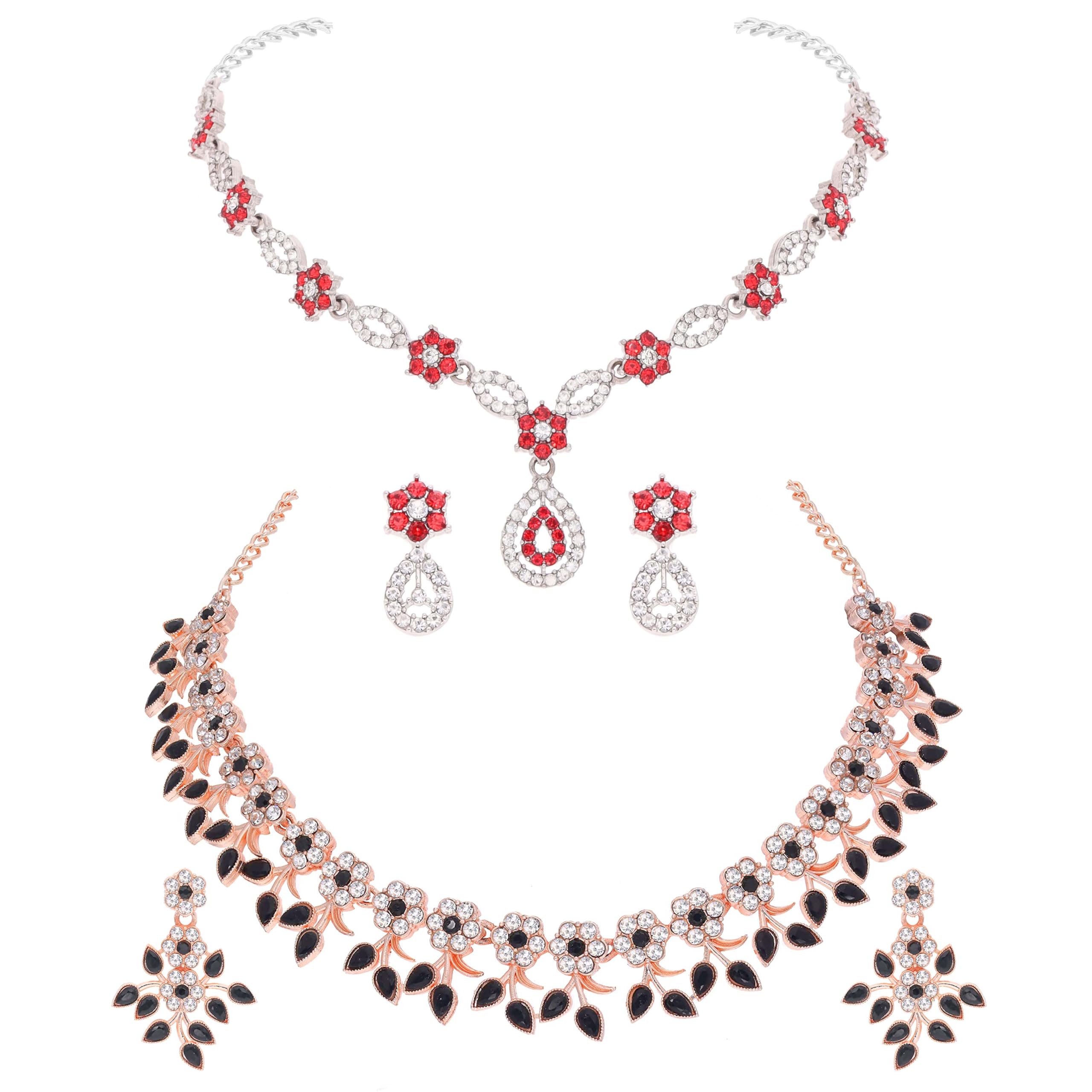 Brado Jewellery Trendy Combo of Rose Gold & Silver Plated Crystal AD Stone Studded Necklace Jewellery set with Matching pair of Earring for Women and Girls - Contemporary Jewelry Se (Black & Red) (B0D8FCDD6F) Amazon Price History, Amazon Price Tracker