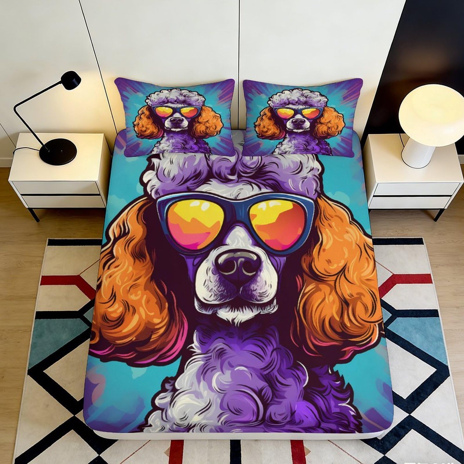 3D Printed Cartoon Poodle Fitted Sheet Microfiber Orange Purple Sunglasses Bed Cover for Bedroom Dorm Easy Wash Decor 160x200x25cm