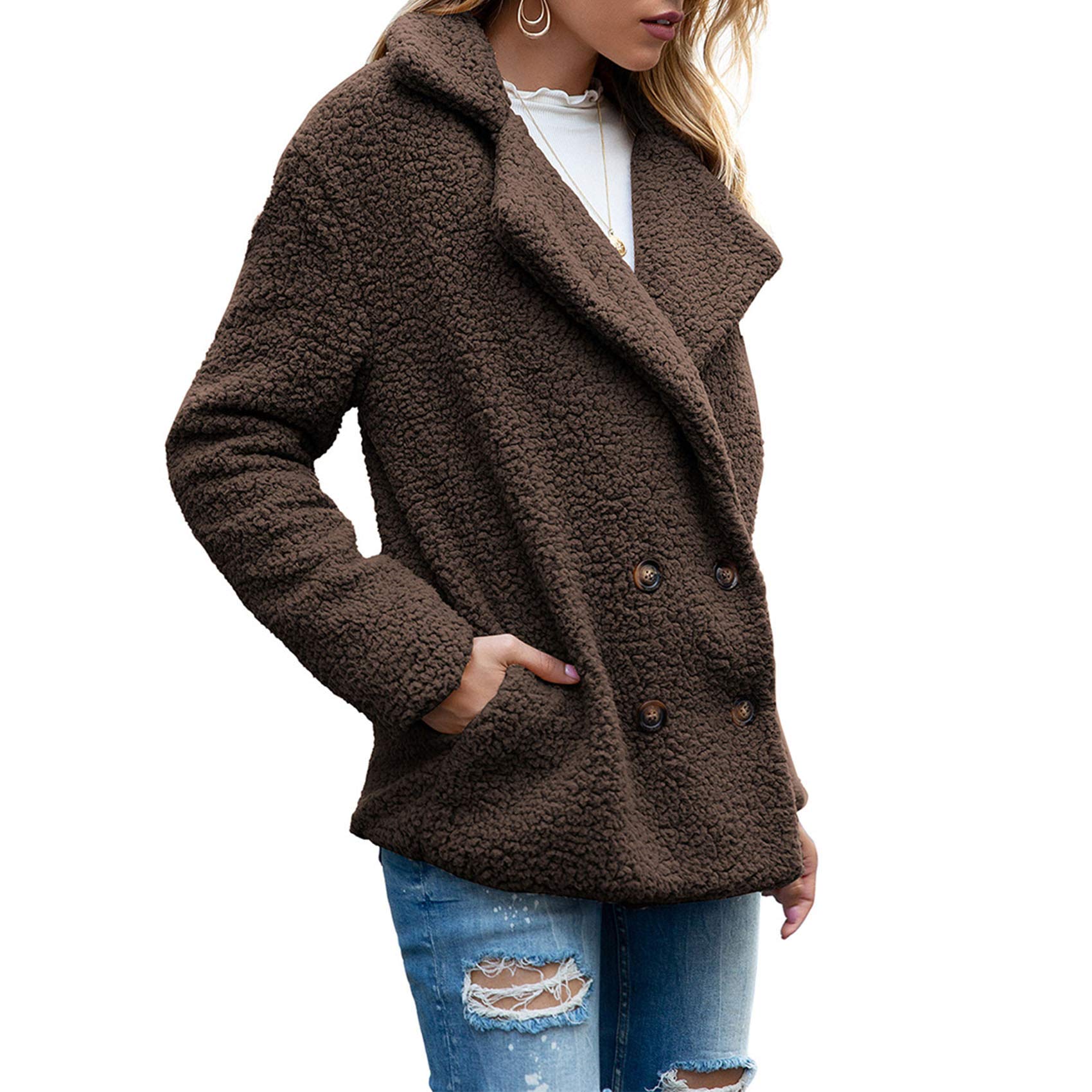 Boutons d'automne Et d'hiver, Revers, Cardigan en Molleton Ample, Manteau De Laine GâTeau De Mouton Femmes, Vestes, Hauts
