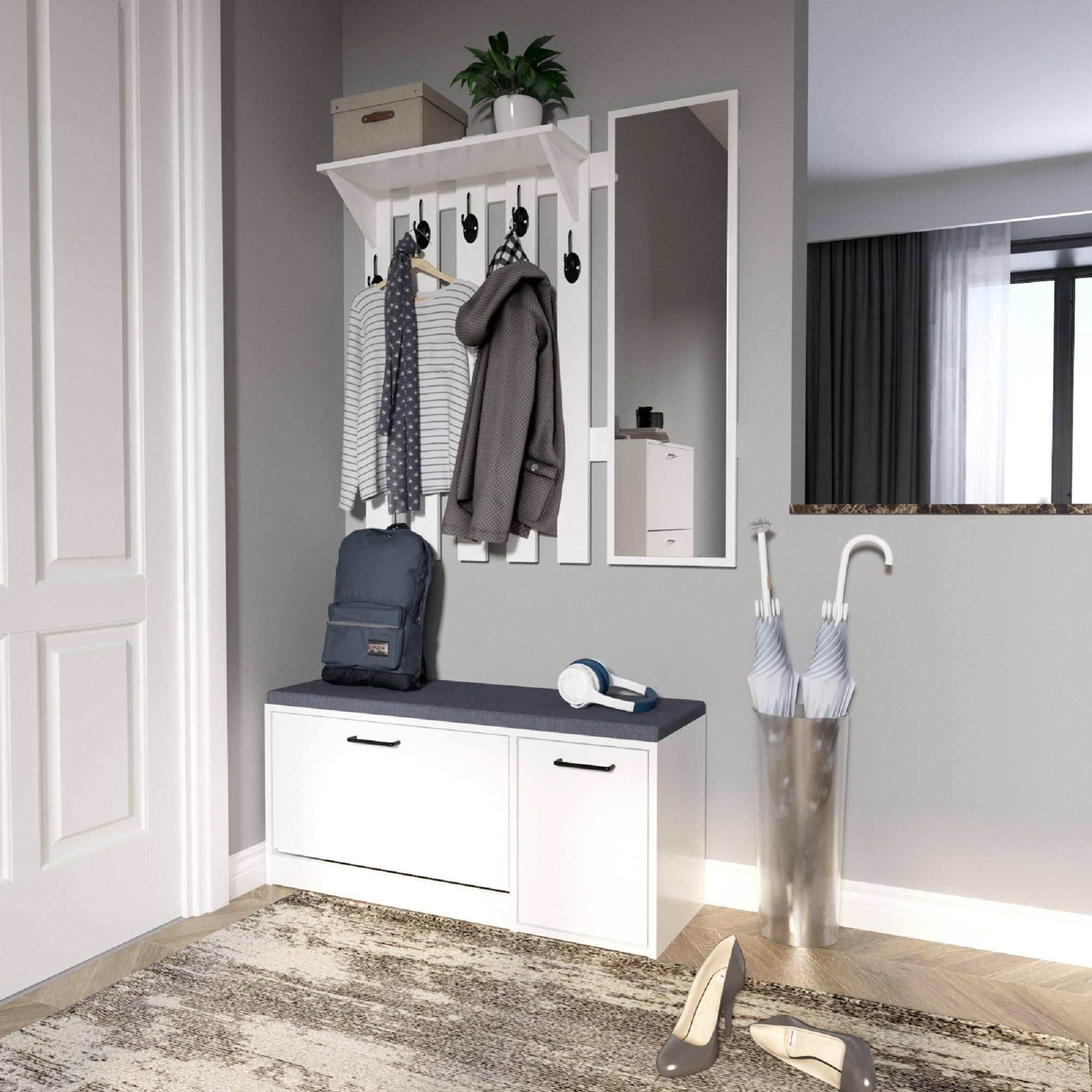 Mondeer Ławka na buty z siedziskiem, schowek na buty z 2 szufladami, miękka poduszka, styl industrialny, do przedpokoju, przedpokoju, 100 x 30 x 46 cm, biała