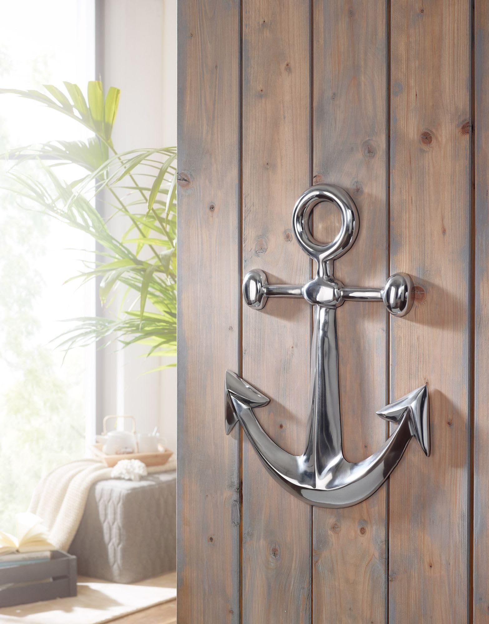 FineBuy Dekoracja Ścienna Kotwica 62x40 cm Aluminium Srebrna, Marynistyczny | marynistyczny dekoracja ścienna z metalu, rzeźba ścienna ręcznie wykonana unikat, do salon, przedpokój i łazienka