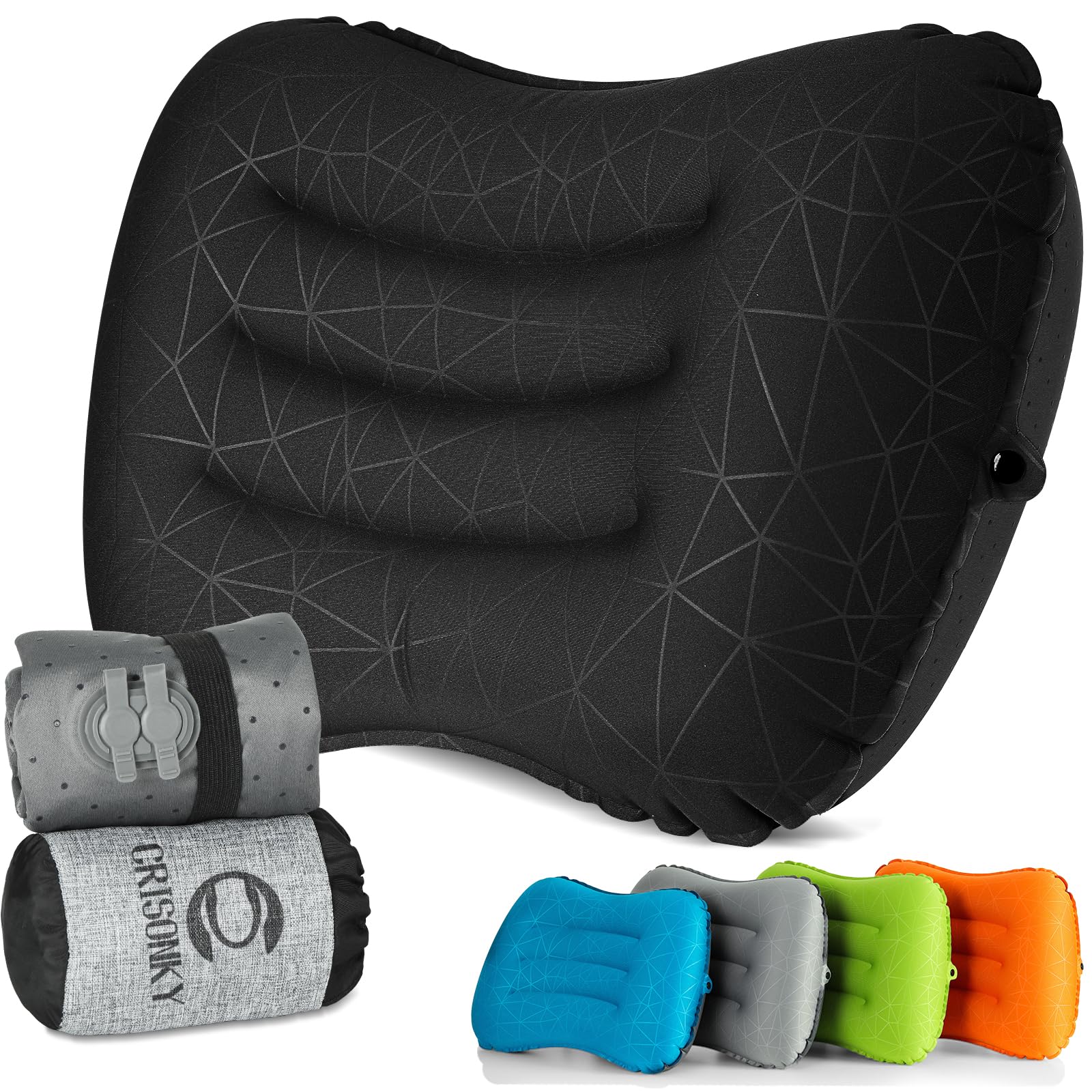 Crisonky Campingkissen aufblasbar, ultraleichtes Reisekissen Backpacking | Doppelventil, Ergonomische Nacken- & Lendenstütze, Kompaktes Design, Schnelles Aufblasen, Ideal für Wandern, Flugreisen