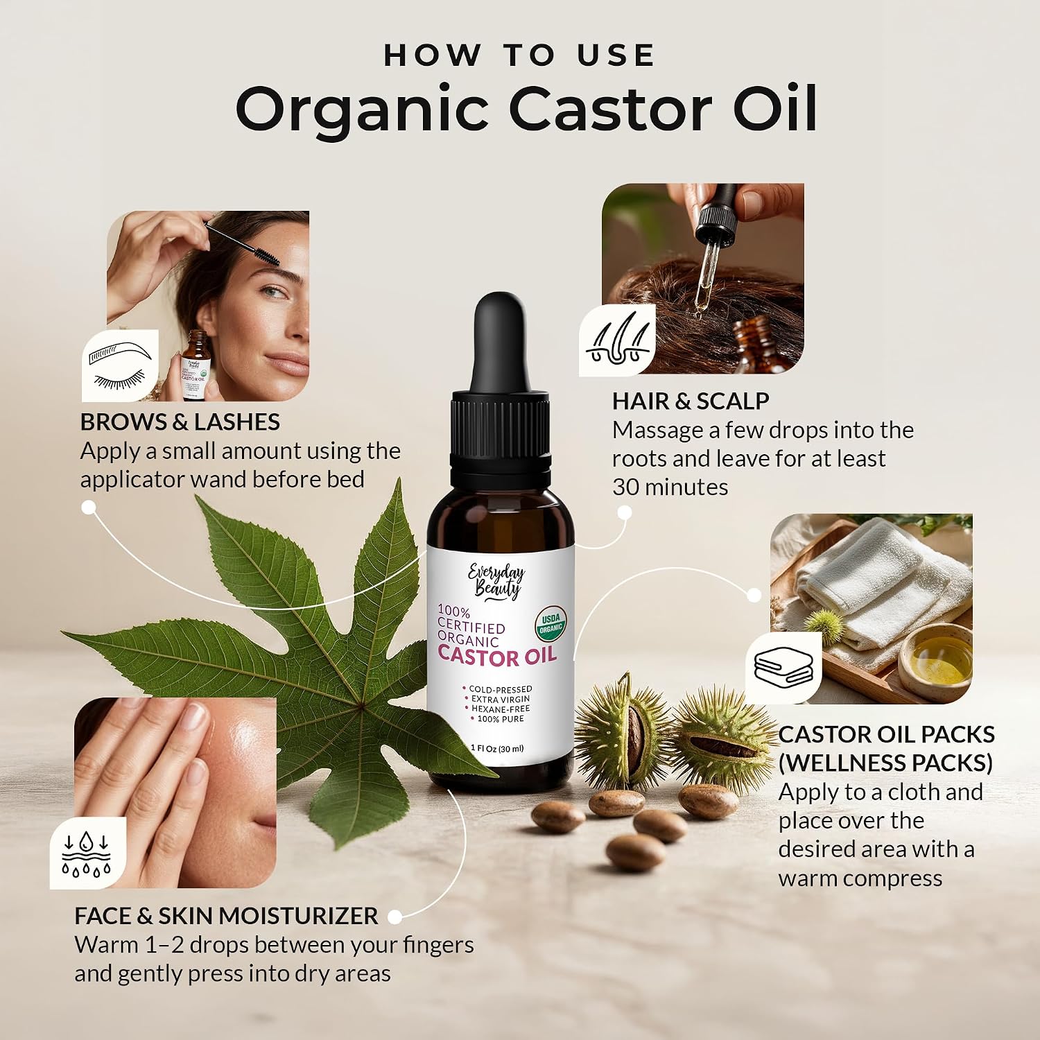 Organic Castor Oil - 100% Pure Certified USDA Organic, Cold Pressed & Hexane-Free, For Eyelashes, Eyebrows, Hair, Skin & Wellness Packs -1oz Glass Bottle & Dropper