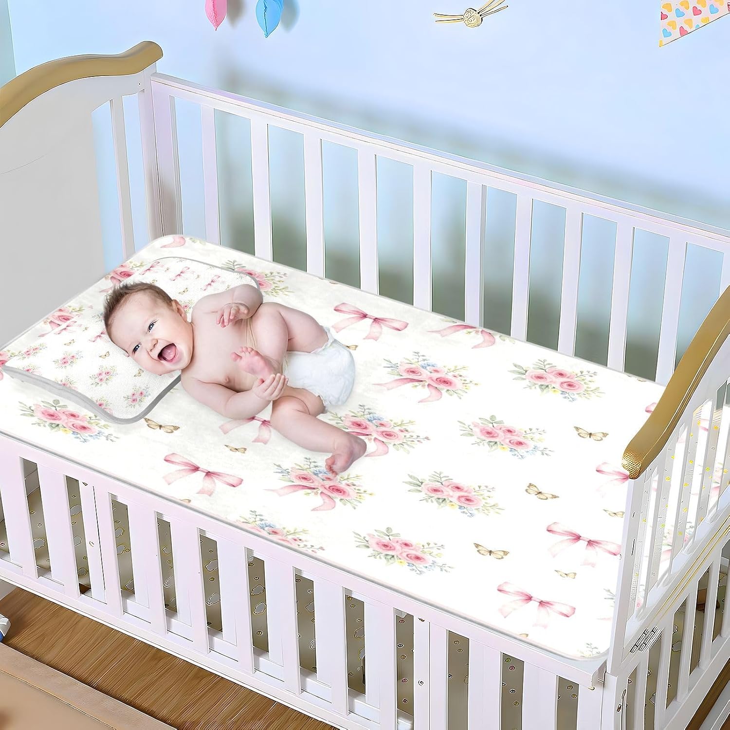 Cooling Baby Bed Mattress Cover 28" x 52" Reusable Pink Bow Roses and Butterflies Pee Pads for Baby&Toddler