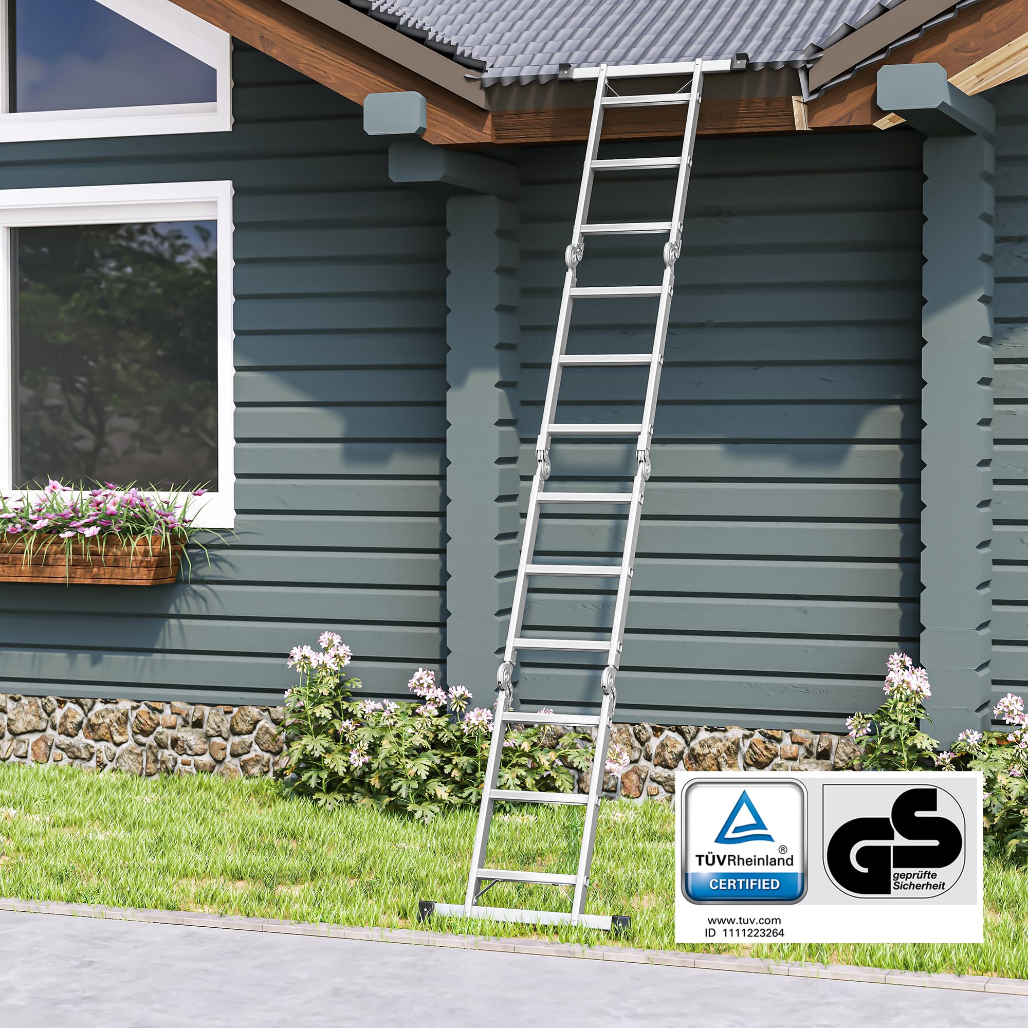 SONGMICS Mehrzweckleiter Aluleiter 12 Stufen 4x3 Stufen bis 150 kg 326 cm silbern GLT36M