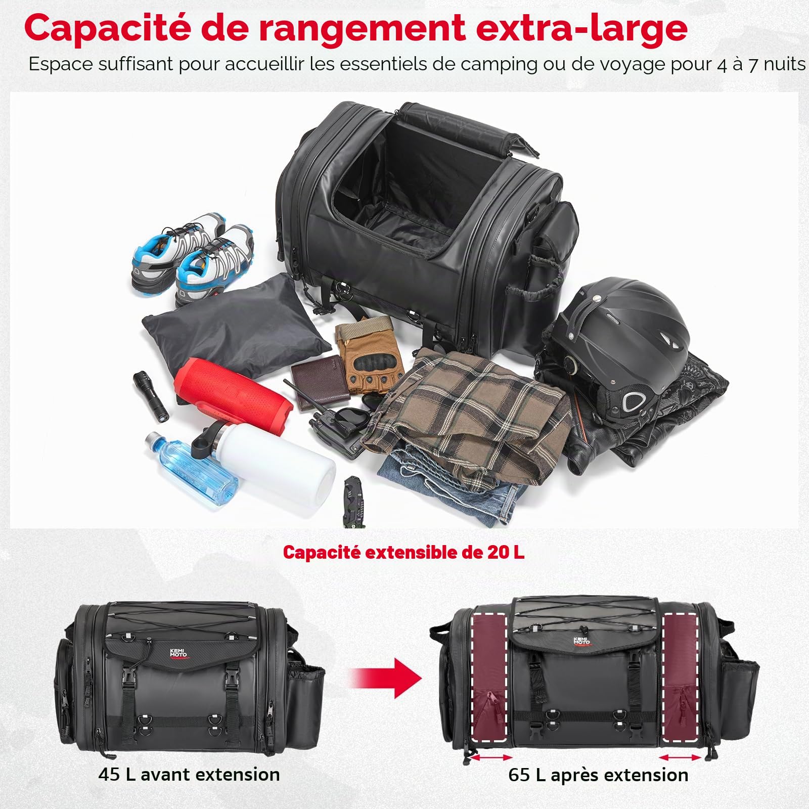 KEMIMOTO Sac de Selle Moto Arrière, 45-65L Sacoche Moto Extensible Grande Capacité, Sac à Bagages Étanche avec Housse de Pluie pour la Plupart des Motos