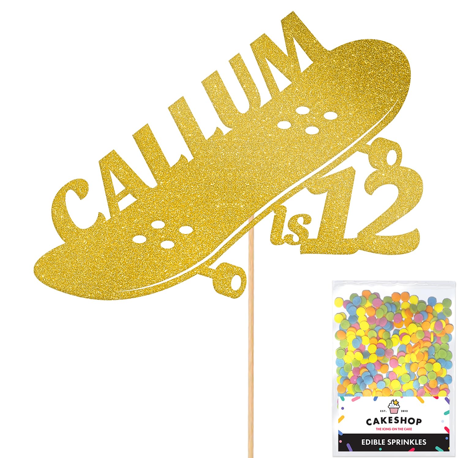 Personalised Skateboard Skater Glitter Cake Topper- Gold Any Custom Age & Name Glitter Cake Decoration and Sprinkles - Happy Birthday Decorations - Personalised Toppers for Cakes by Cakeshop — image 1