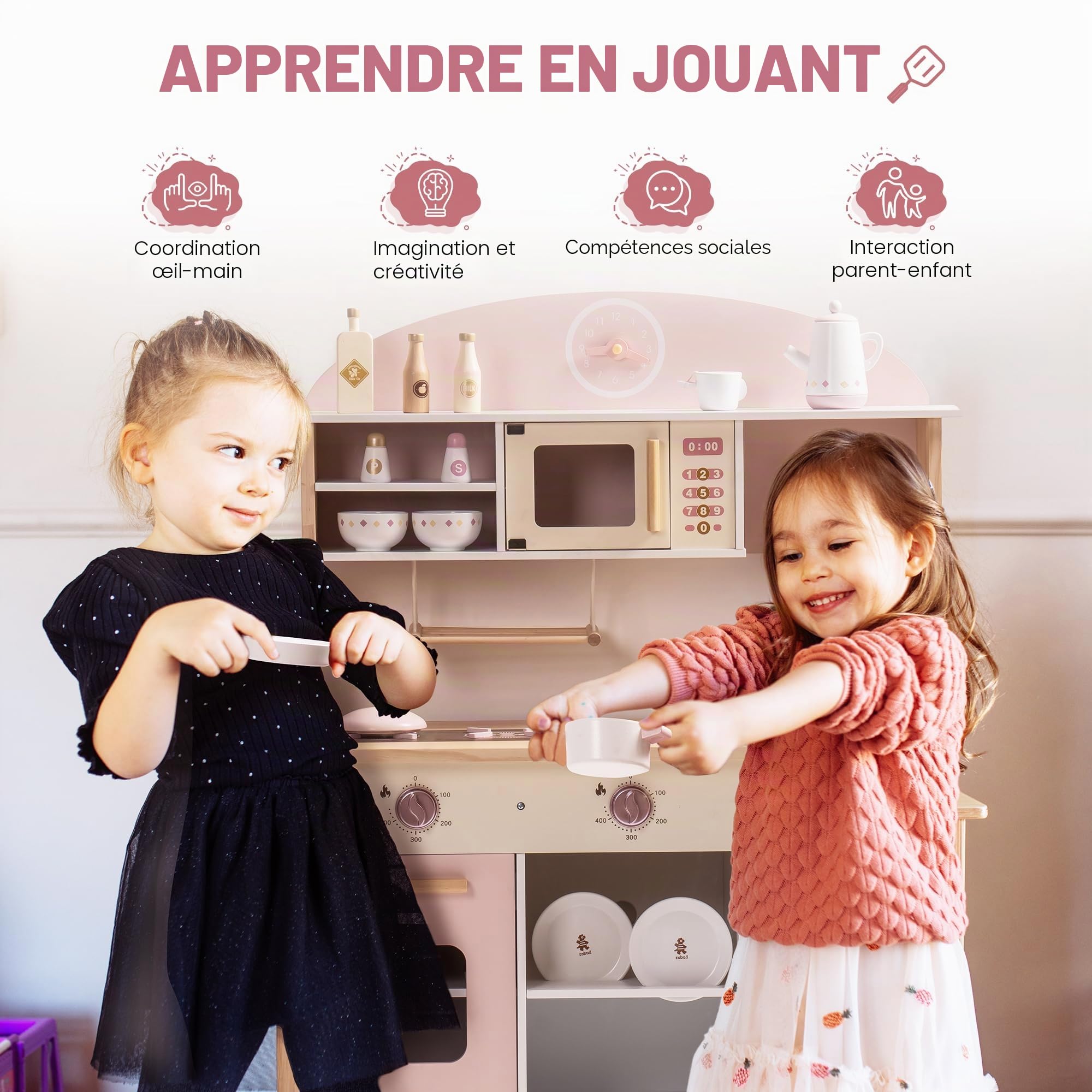 ROBUD Cuisine de Jeu pour Enfants et Tout-Petits, Cuisine de Jeu en Bois avec Accessoires réalistes, Ensemble de Cuisine Jouet avec Beaucoup de fonctionnalités de Jeu, Cuisine Jouet de Style Moderne