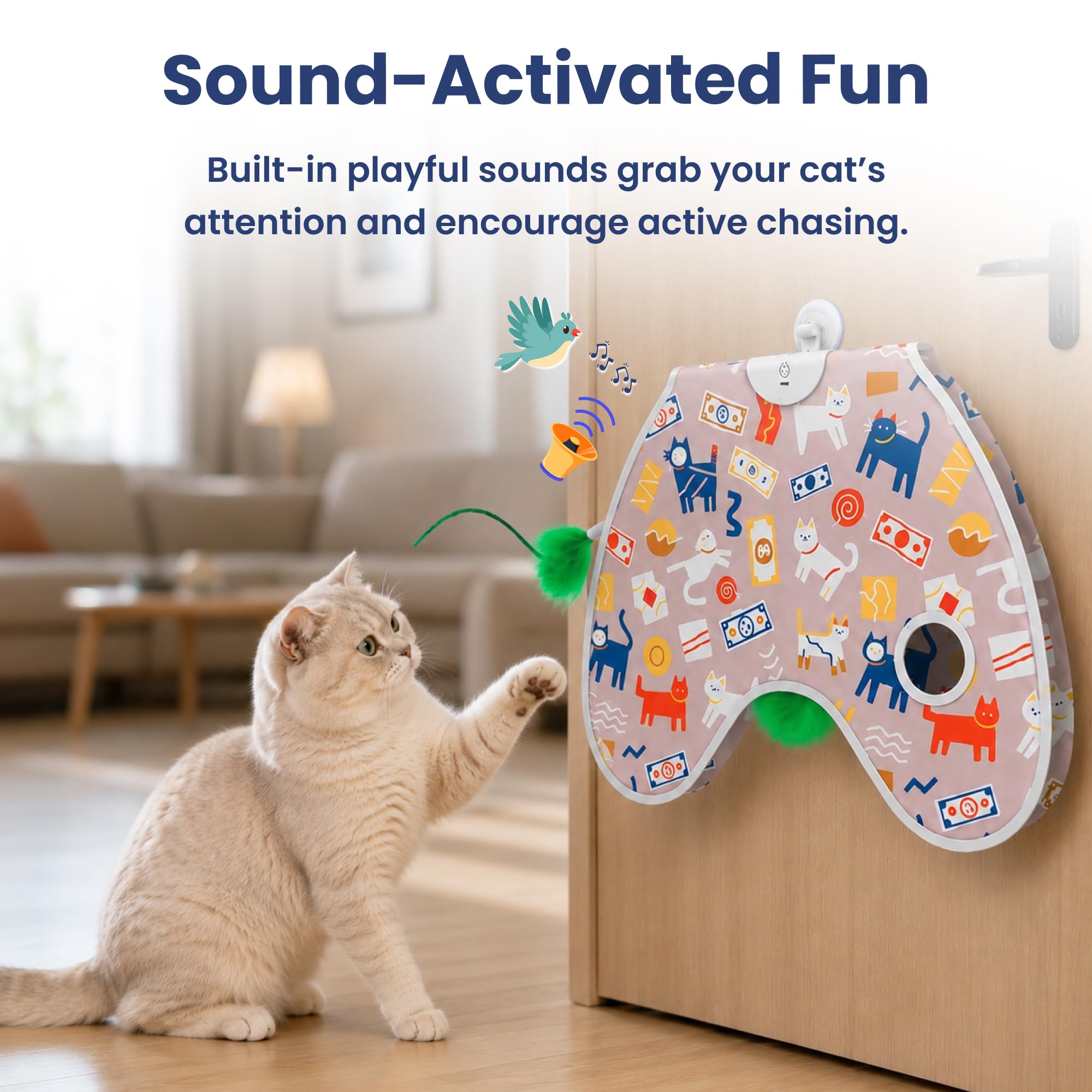 PAWSPIK Peek & Play Jouet électronique interactif mural pour chat | 3 modes de jeu, activation tactile, batterie rechargeable, plumes remplaçables