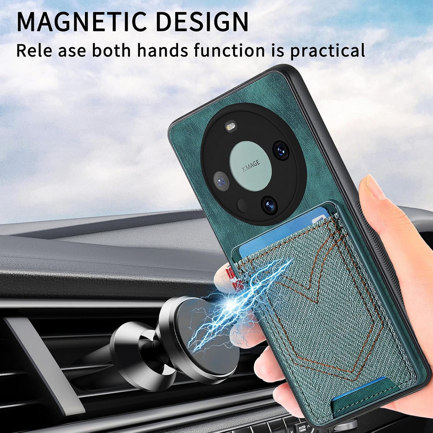 Phone case attached to a magnetic car mount in a vehicle