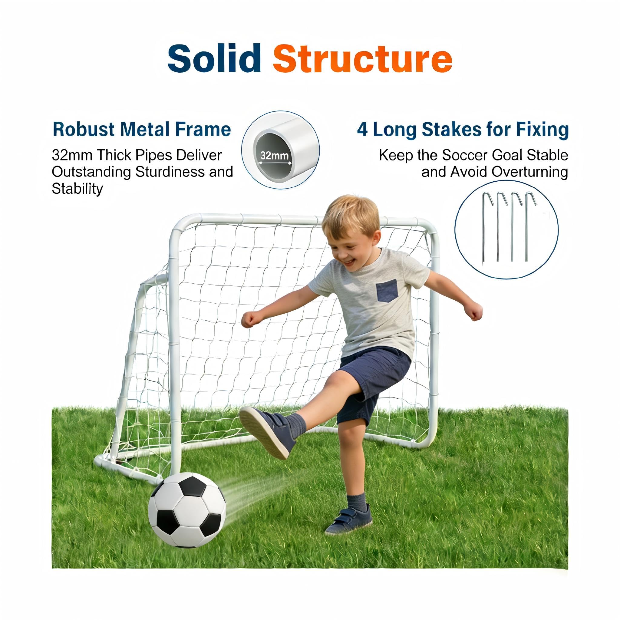 LIFEZEAL Porta da Calcio per Bambini, 121 × 60 × 80 cm, Porta da Calcio per Giardino in Metallo con Chiodi per Fissaggio al Terreno, Accessori per Allenamento e Regalo