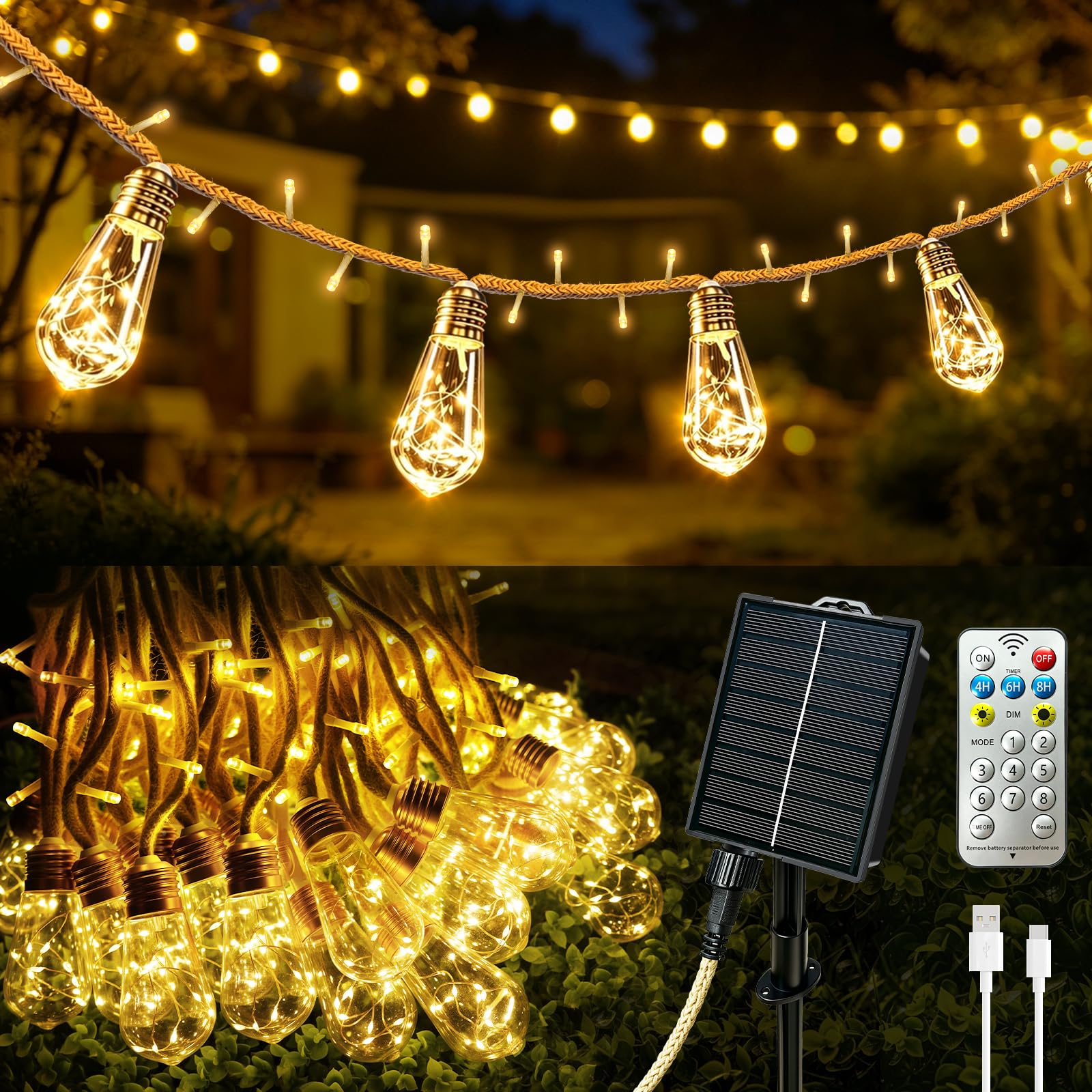 Cadena de luces solares para exteriores, 17,5 m, cadena de luces solares para exteriores, con 30 bombillas, 8 modos, mando a distancia, temporizador, cuerda de cáñamo, cuerda de cáñamo, cadena de