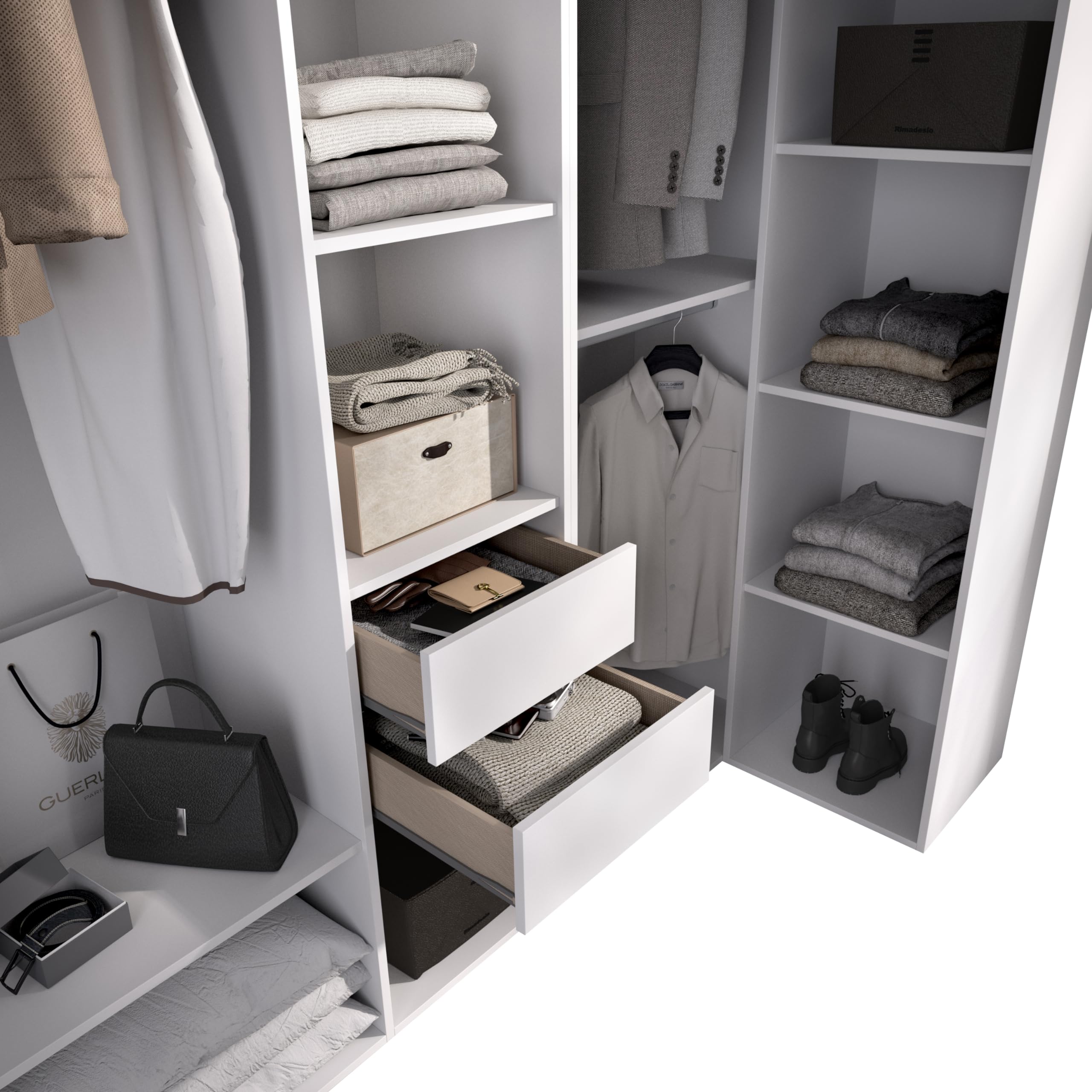 DEKIT GRUPO RIMOBEL SUIT - Composizione di armadio-vestito angolare con due cassetti – BIANCO/ROVERE NATURALE – 205 x 182,5 x 79,5 cm